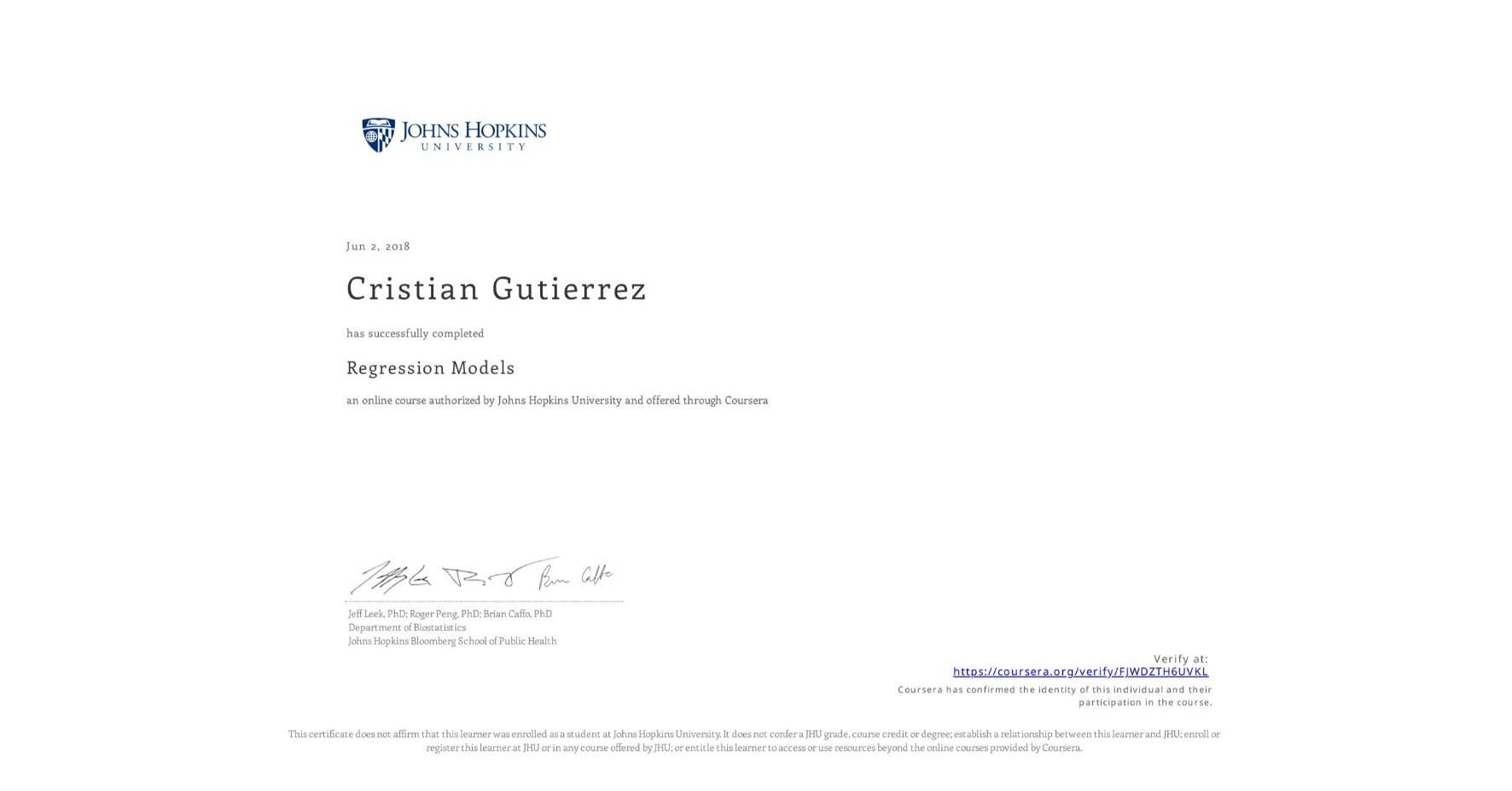 View certificate for Cristian Gutierrez, Regression Models, an online non-credit course authorized by Johns Hopkins University and offered through Coursera