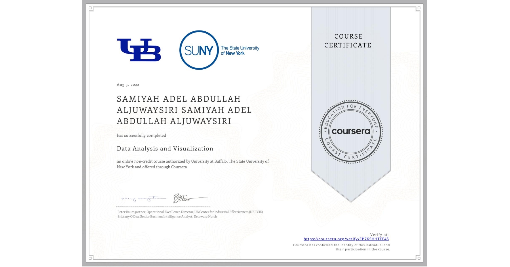 View certificate for SAMIYAH ADEL ABDULLAH ALJUWAYSIRI SAMIYAH ADEL ABDULLAH ALJUWAYSIRI, Data Analysis and Visualization, an online non-credit course authorized by University at Buffalo & The State University of New York and offered through Coursera
