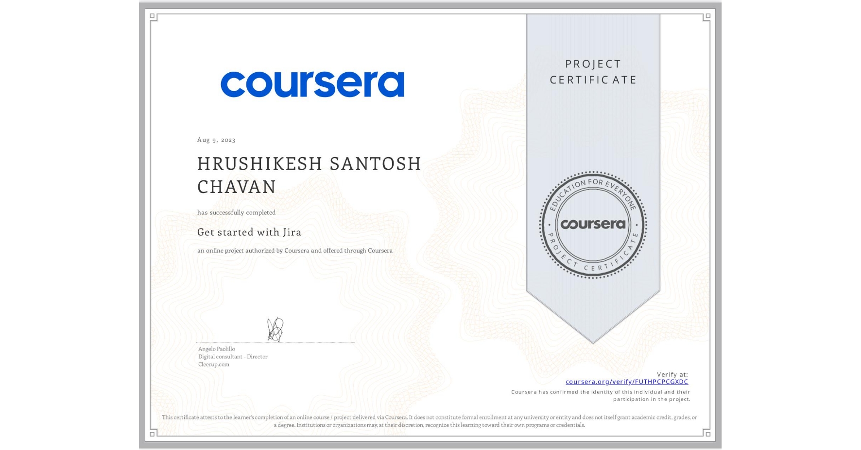 View certificate for HRUSHIKESH SANTOSH  CHAVAN, Get started with Jira, an online non-credit course authorized by Coursera and offered through Coursera