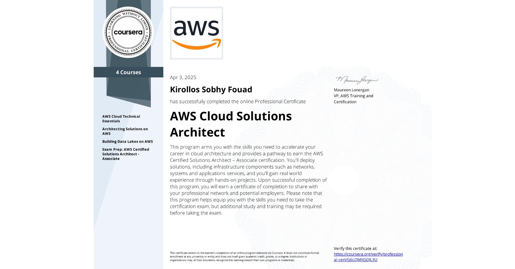 AWS Cloud Solutions Architect Professional Certificate