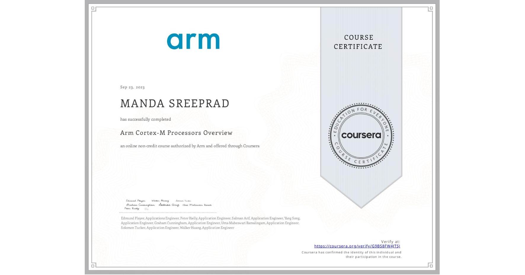 View certificate for MANDA SREEPRAD, Arm Cortex-M Processors Overview, an online non-credit course authorized by Arm and offered through Coursera