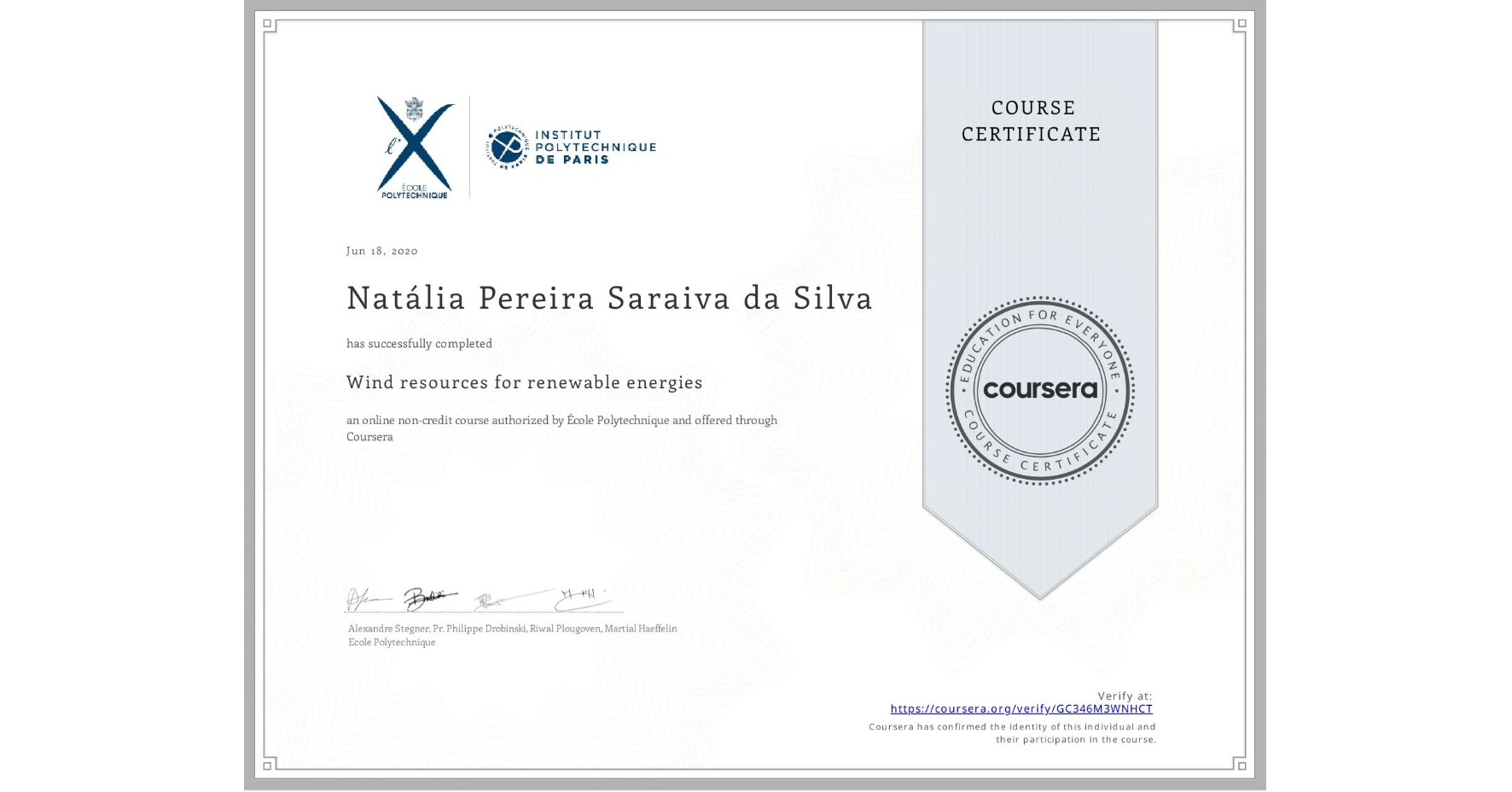 View certificate for Natália Pereira Saraiva da Silva, Wind resources for renewable energies, an online non-credit course authorized by École Polytechnique and offered through Coursera