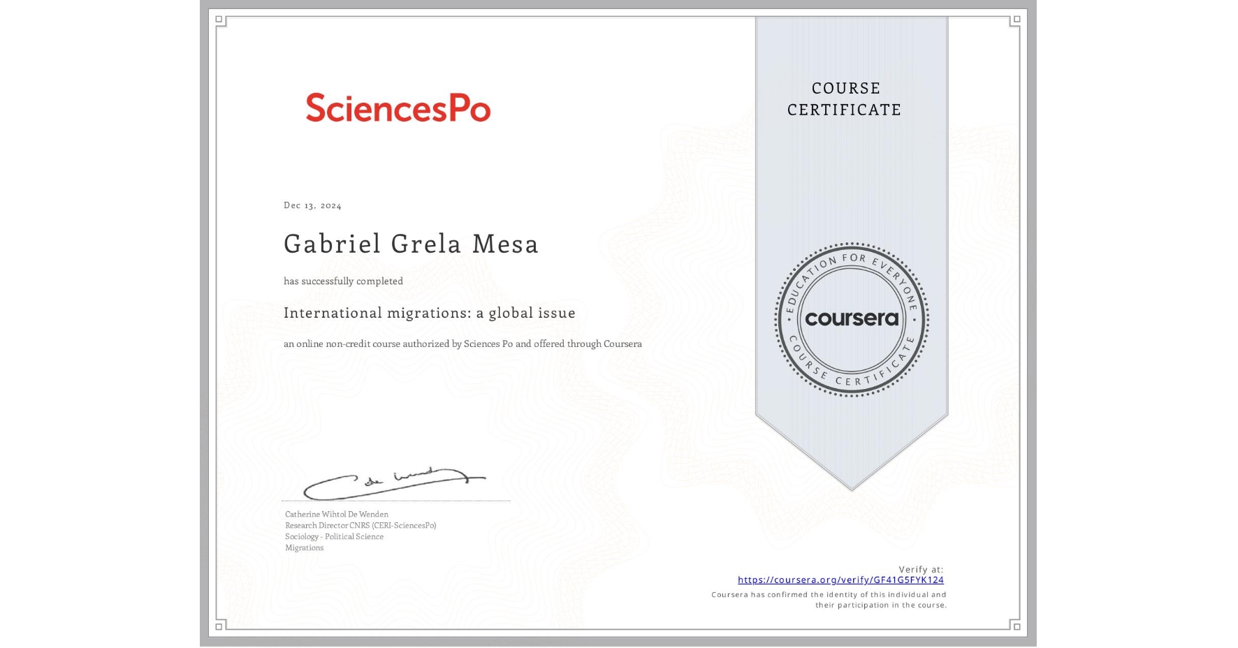 View certificate for Gabriel Grela Mesa, International migrations: a global issue, an online non-credit course authorized by Sciences Po and offered through Coursera