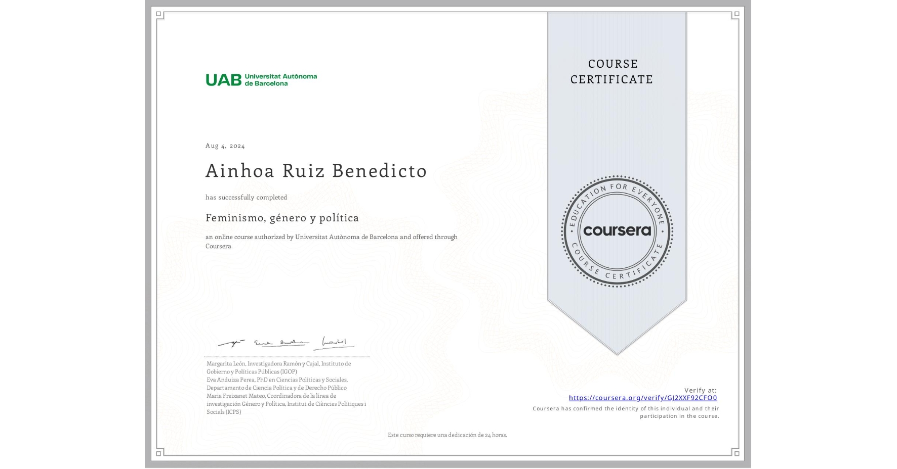View certificate for Ainhoa Ruiz Benedicto, Feminismo, género y política, an online non-credit course authorized by Universitat Autònoma de Barcelona and offered through Coursera