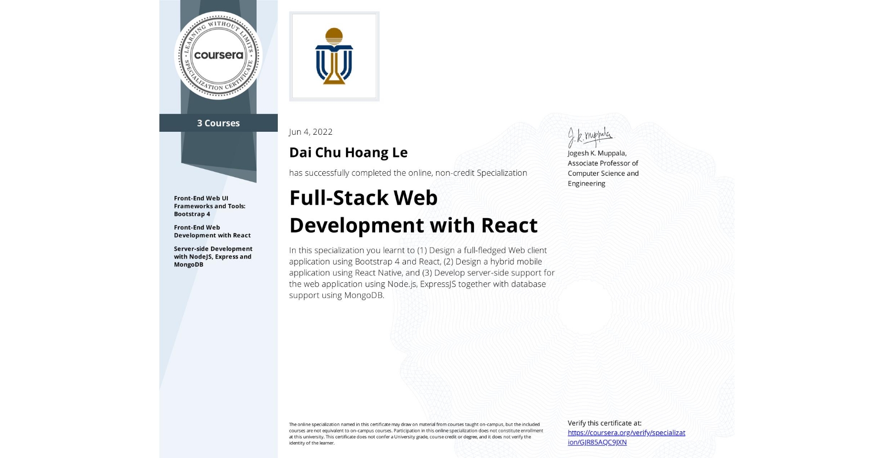 Full-Stack Web Development with React Specialization