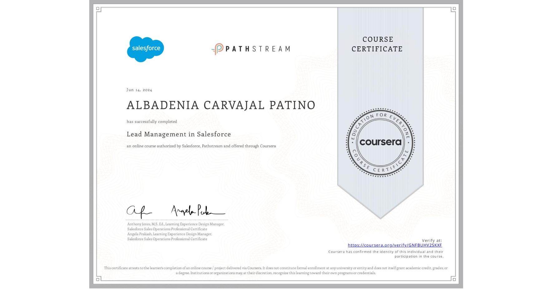 View certificate for ALBADENIA CARVAJAL PATINO, Lead Management in Salesforce, an online non-credit course authorized by Salesforce & Pathstream and offered through Coursera