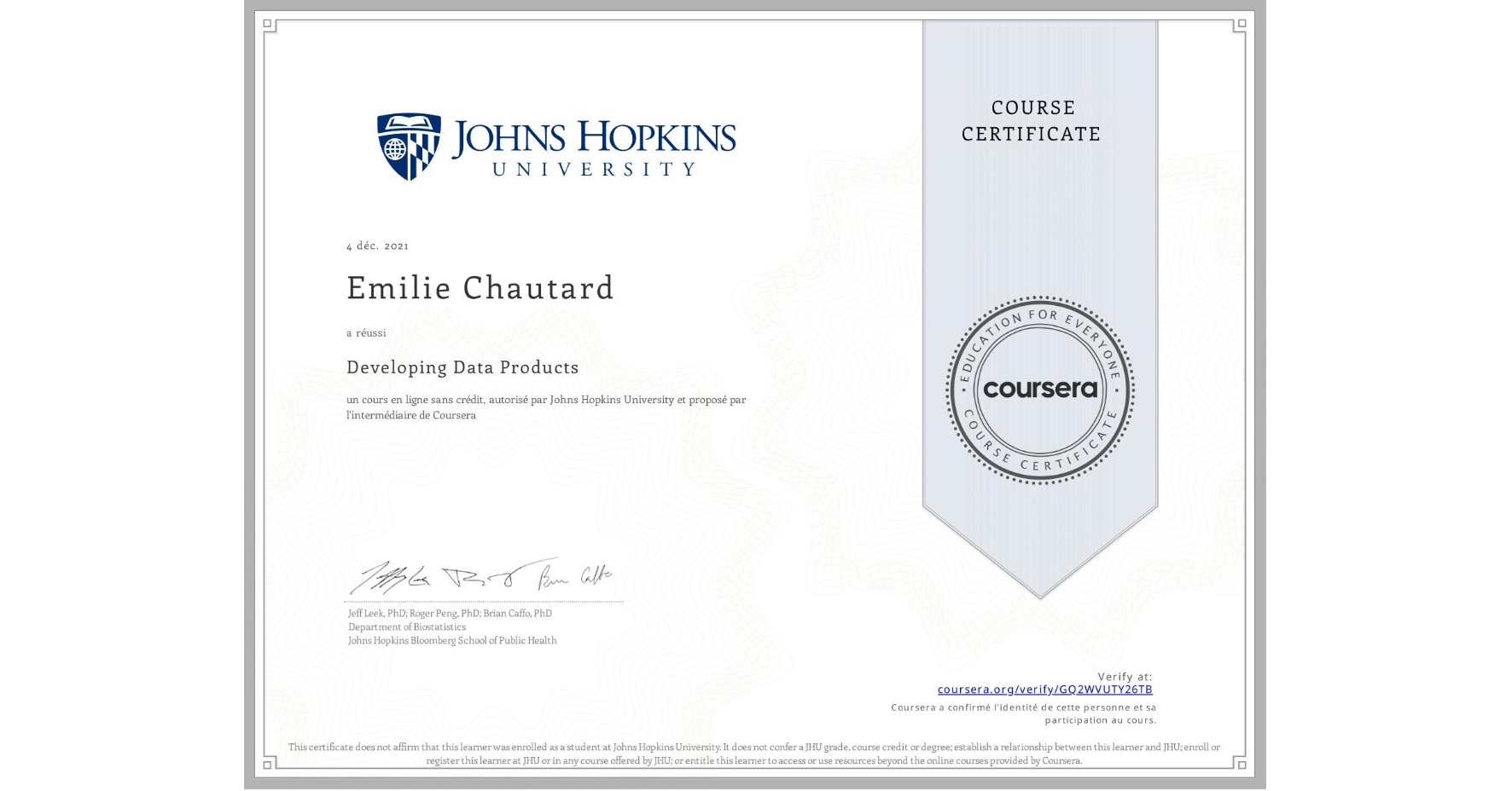 View certificate for Emilie Chautard, Developing Data Products, an online non-credit course authorized by Johns Hopkins University and offered through Coursera