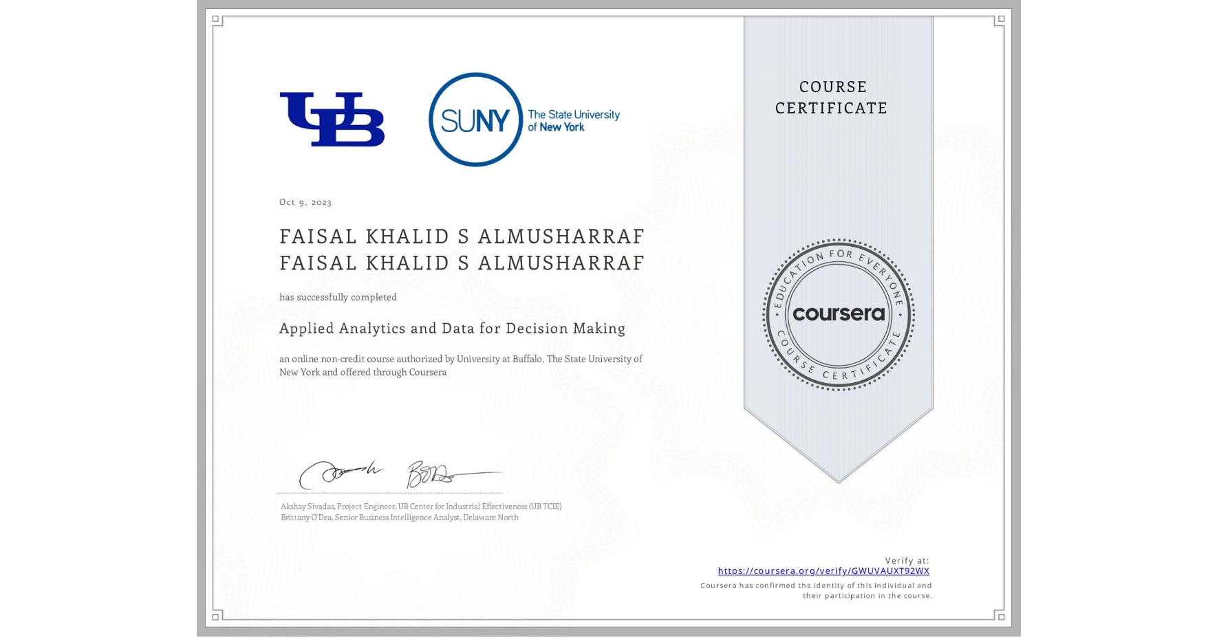 View certificate for FAISAL KHALID S ALMUSHARRAF FAISAL KHALID S ALMUSHARRAF, Applied Analytics and Data for Decision Making, an online non-credit course authorized by University at Buffalo & The State University of New York and offered through Coursera