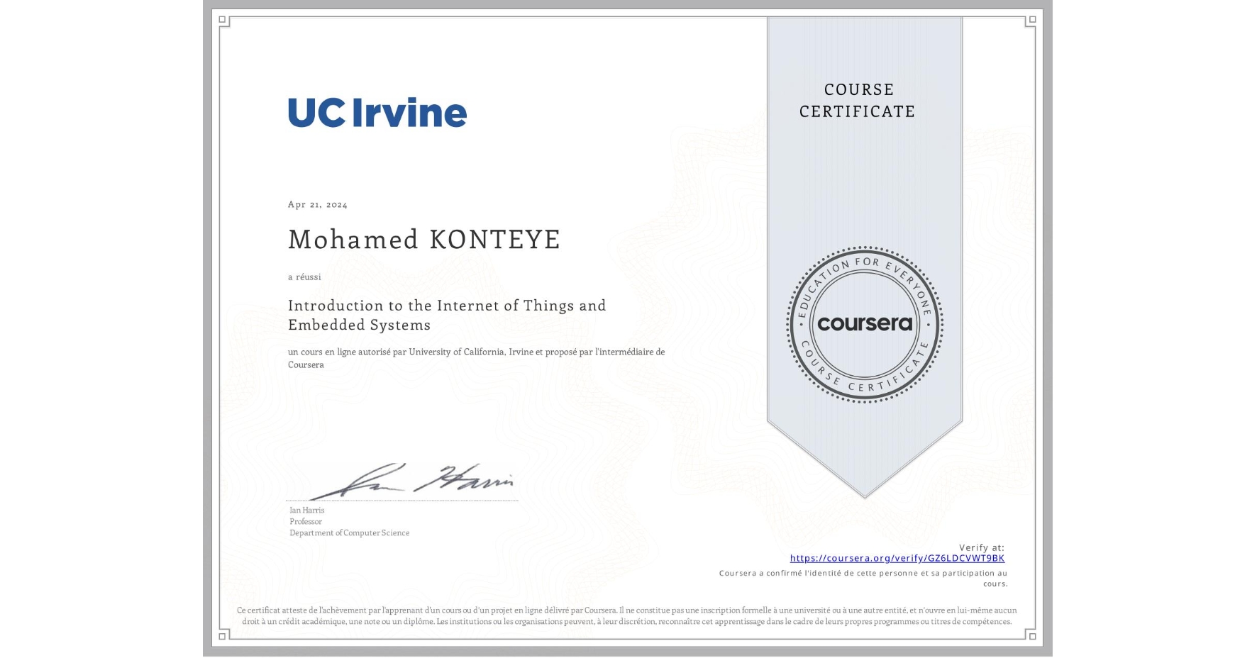 View certificate for Mohamed KONTEYE, Introduction to the Internet of Things and Embedded Systems, an online non-credit course authorized by University of California, Irvine and offered through Coursera