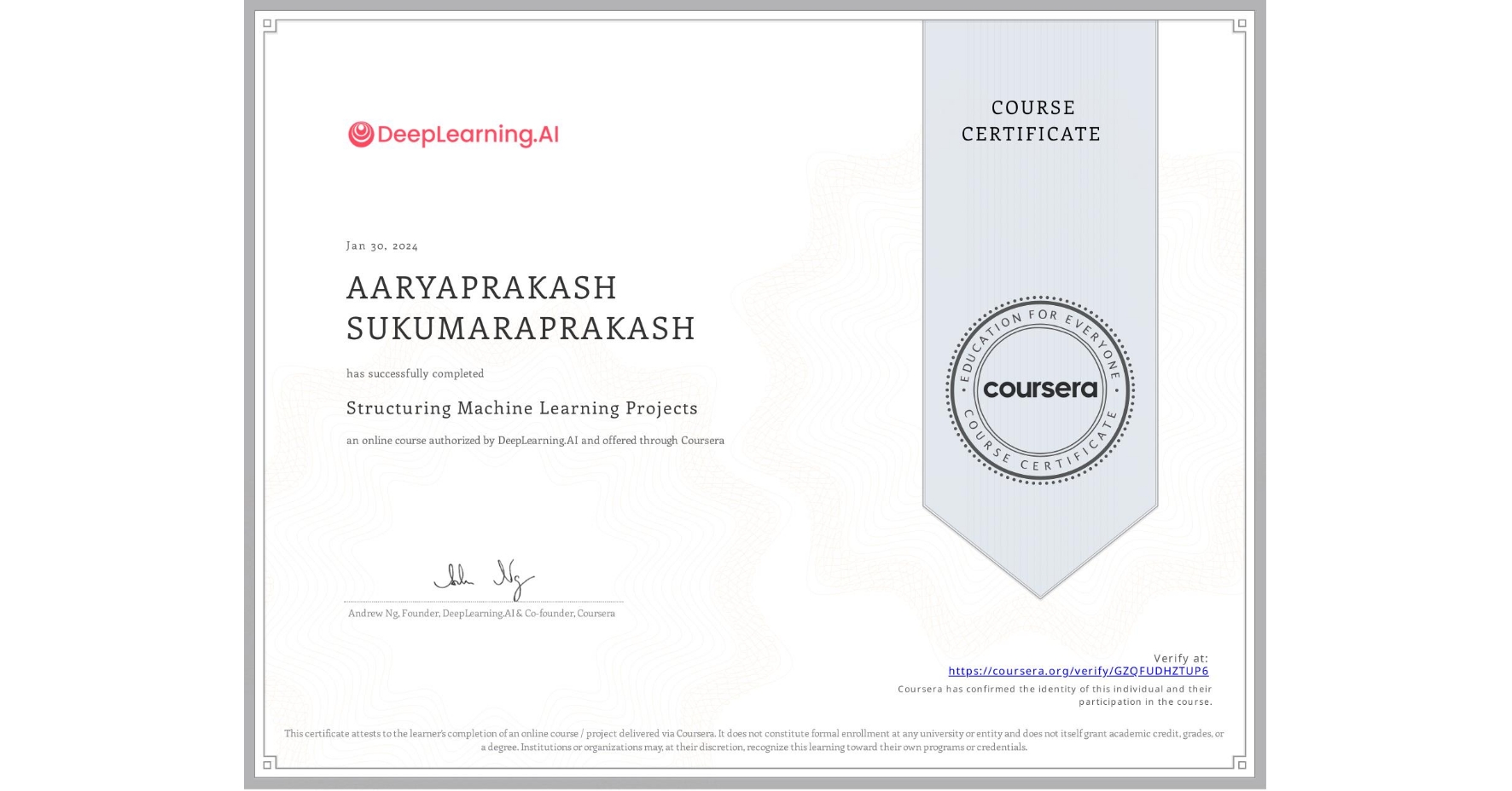 View certificate for AARYAPRAKASH SUKUMARAPRAKASH, Structuring Machine Learning Projects, an online non-credit course authorized by DeepLearning.AI and offered through Coursera