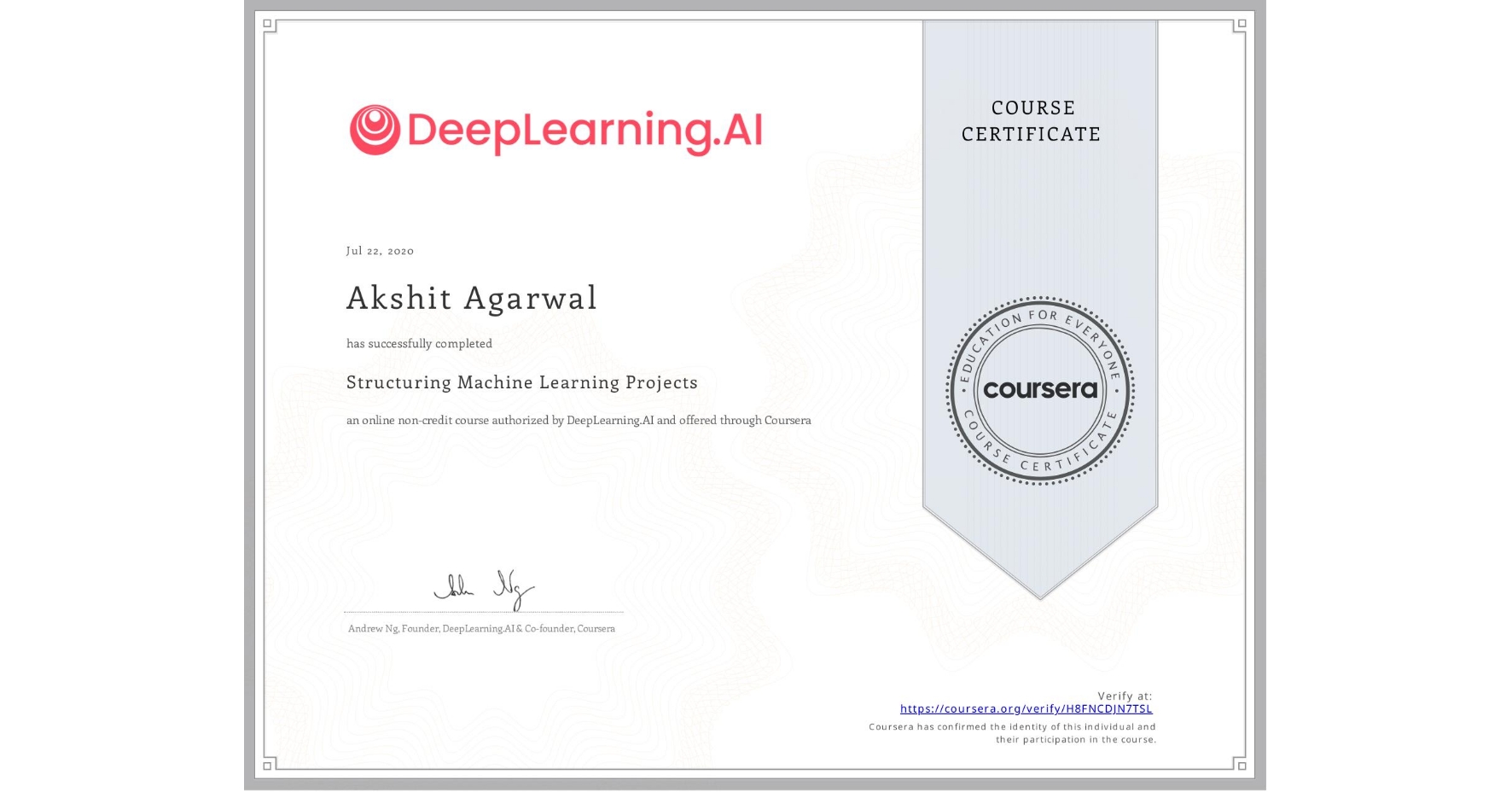 View certificate for Akshit Agarwal, Structuring Machine Learning Projects, an online non-credit course authorized by DeepLearning.AI and offered through Coursera