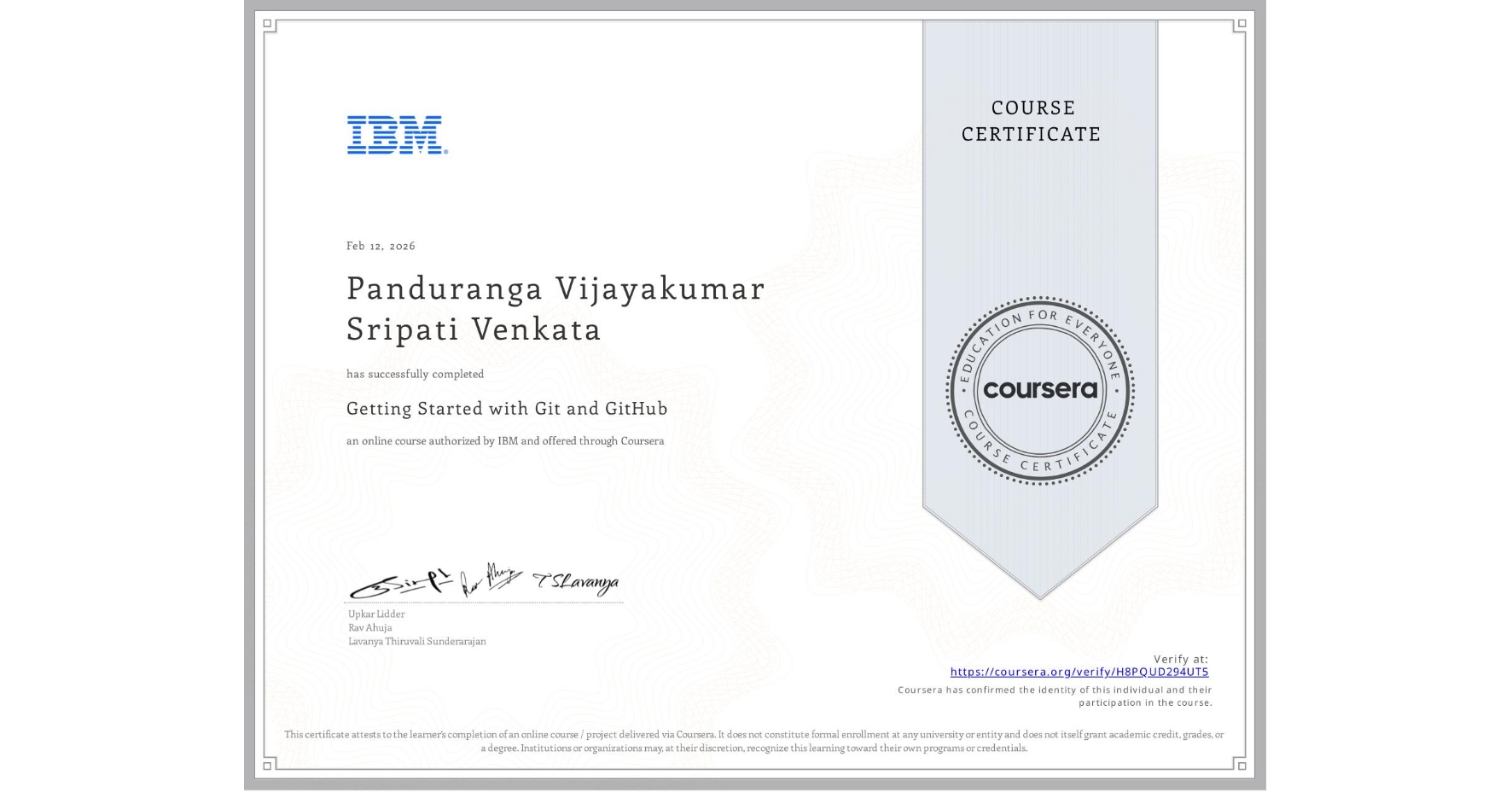 View certificate for Panduranga Vijayakumar  Sripati Venkata, Getting Started with Git and GitHub, an online non-credit course authorized by IBM and offered through Coursera