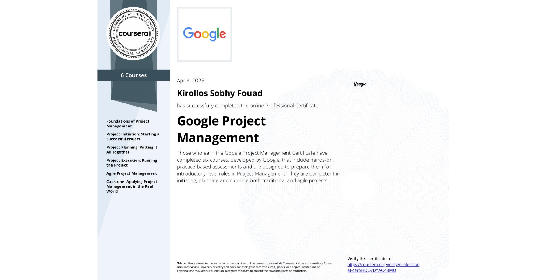 Google إدارة المشاريع Professional Certificate