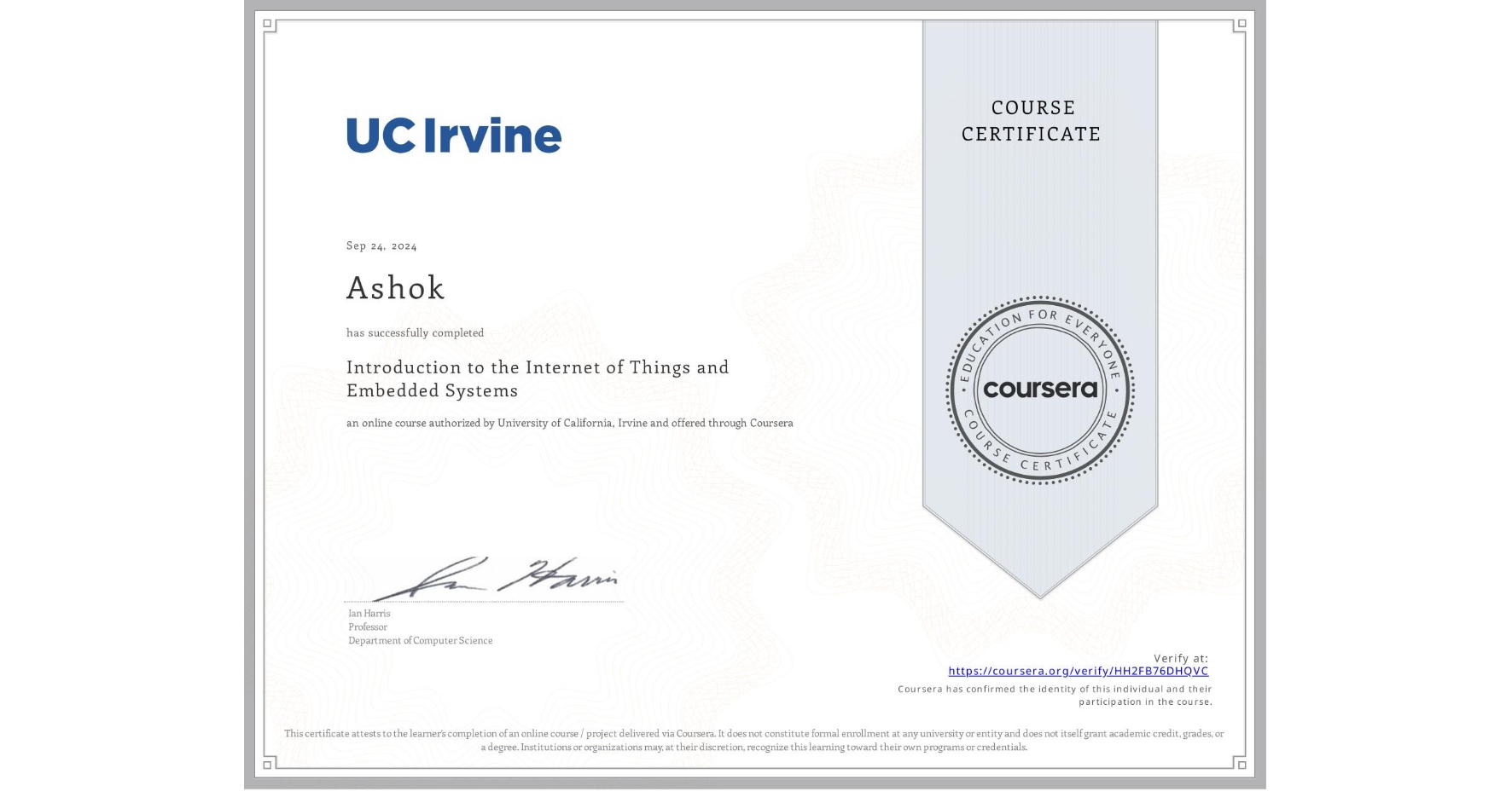 View certificate for Ashok , Introduction to the Internet of Things and Embedded Systems, an online non-credit course authorized by University of California, Irvine and offered through Coursera