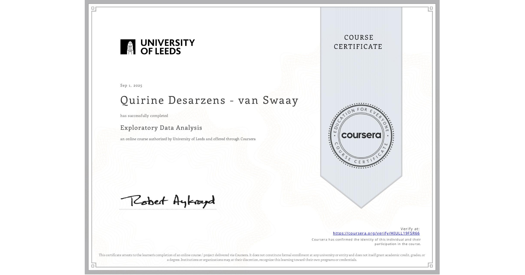 View certificate for Quirine Desarzens - van Swaay, Exploratory Data Analysis, an online non-credit course authorized by University of Leeds and offered through Coursera