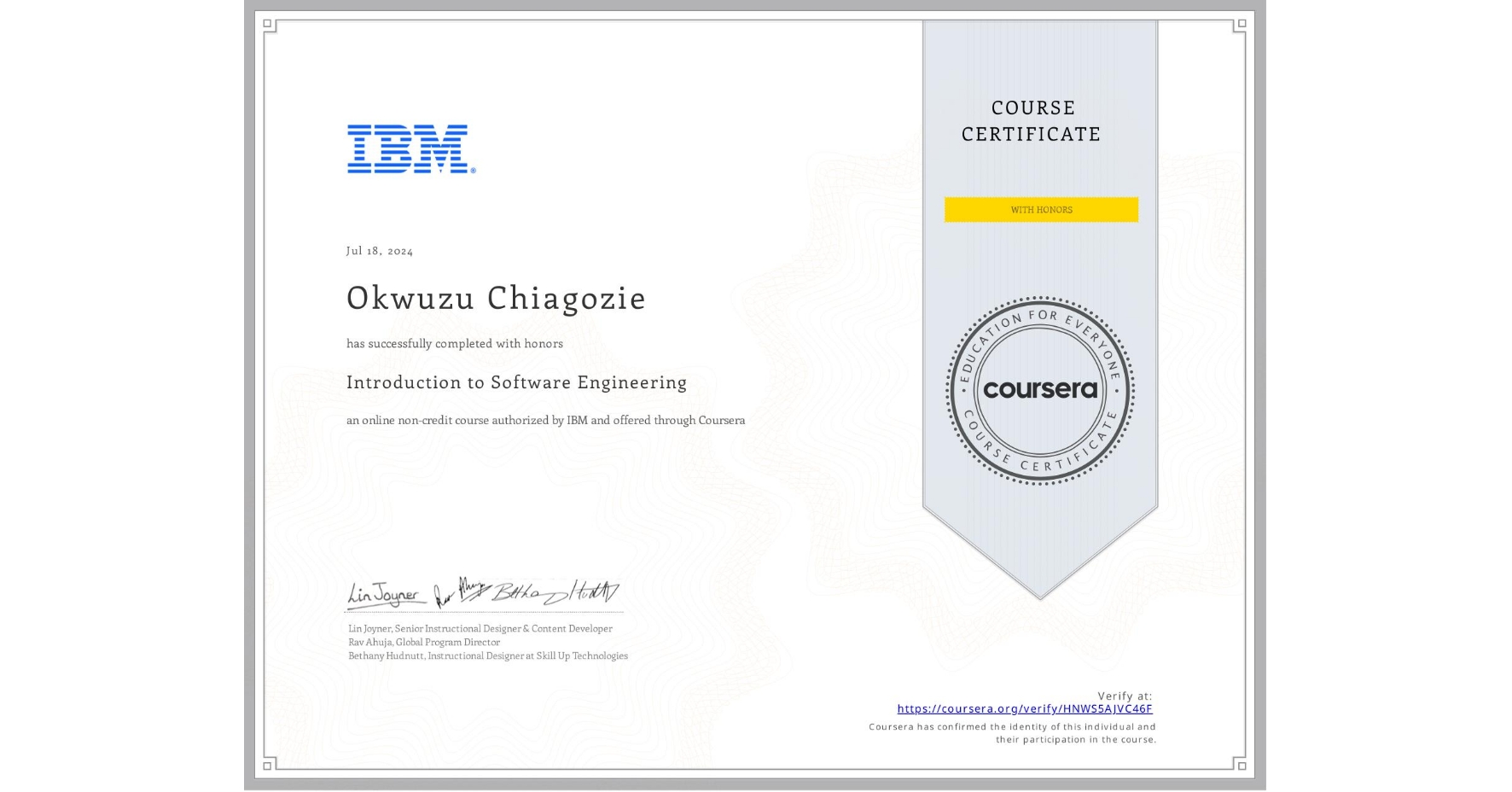 View certificate for Okwuzu Chiagozie, Introduction to Software Engineering, an online non-credit course authorized by IBM and offered through Coursera