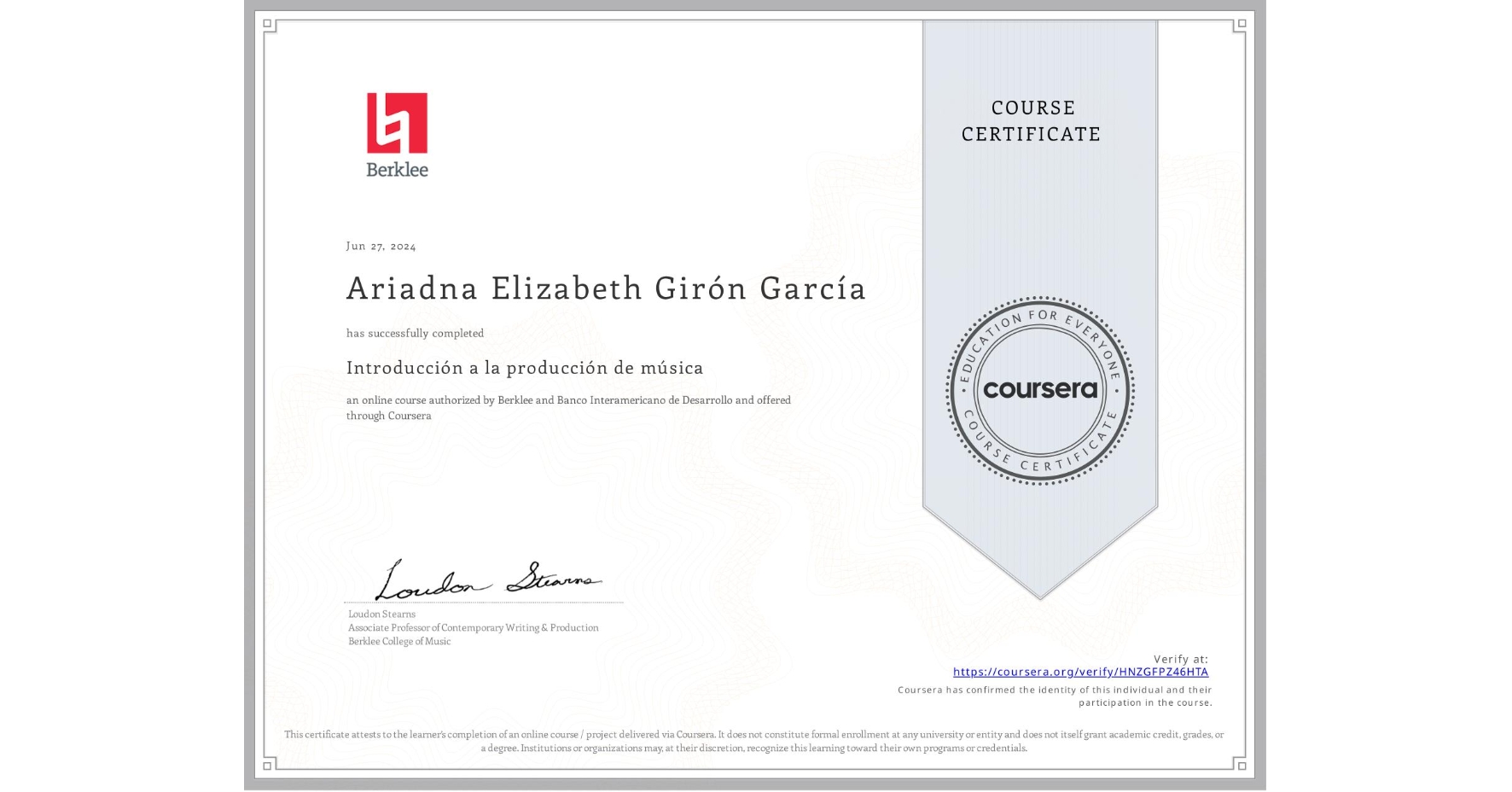 View certificate for Ariadna Elizabeth Girón García, Introducción a la producción de música, an online non-credit course authorized by Berklee & Banco Interamericano de Desarrollo and offered through Coursera