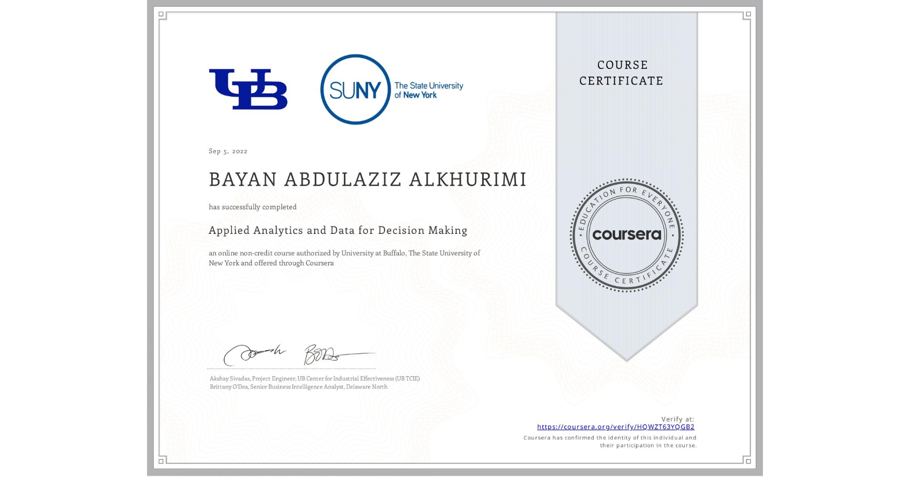 View certificate for BAYAN ABDULAZIZ ALKHURIMI, Applied Analytics and Data for Decision Making, an online non-credit course authorized by University at Buffalo & The State University of New York and offered through Coursera