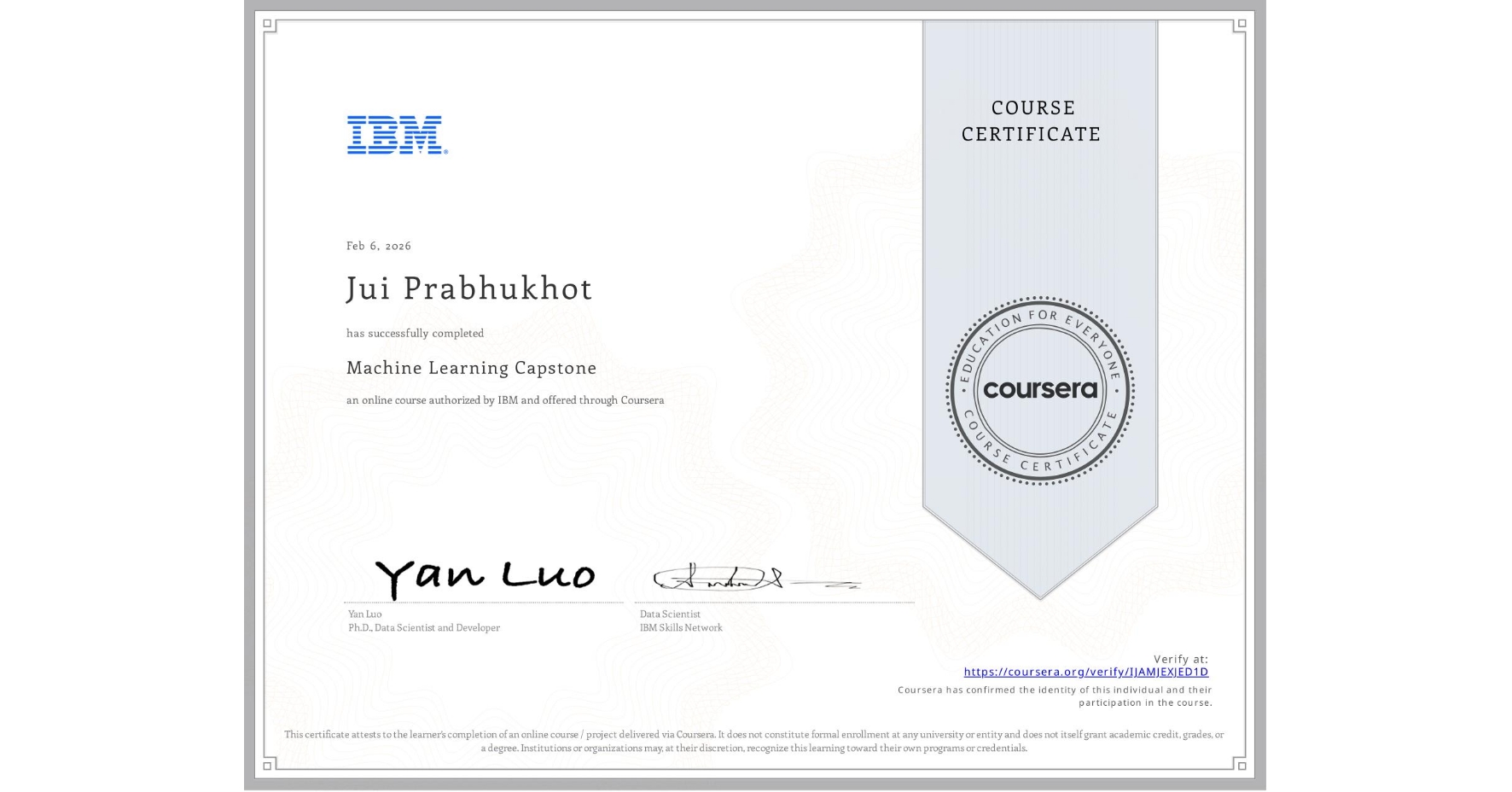 View certificate for Jui Prabhukhot, Machine Learning Capstone, an online non-credit course authorized by IBM and offered through Coursera