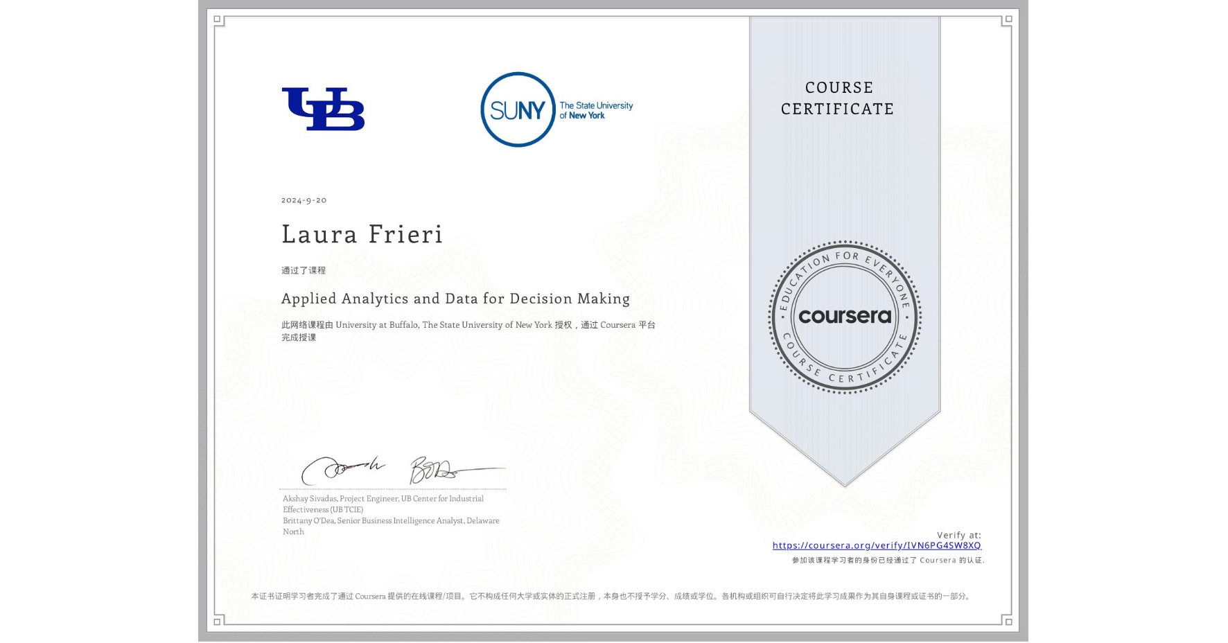 View certificate for Laura Frieri, Applied Analytics and Data for Decision Making, an online non-credit course authorized by University at Buffalo & The State University of New York and offered through Coursera