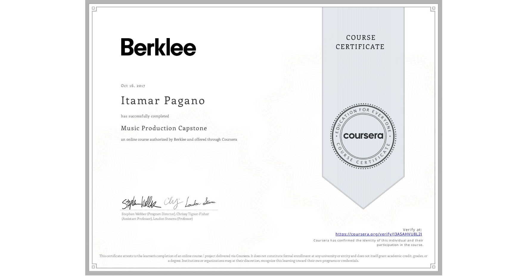 View certificate for Itamar Pagano, Music Production Capstone, an online non-credit course authorized by Berklee and offered through Coursera