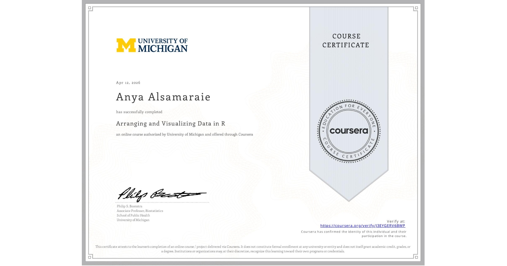 View certificate for Anya Alsamaraie, Arranging and Visualizing Data in R , an online non-credit course authorized by University of Michigan and offered through Coursera
