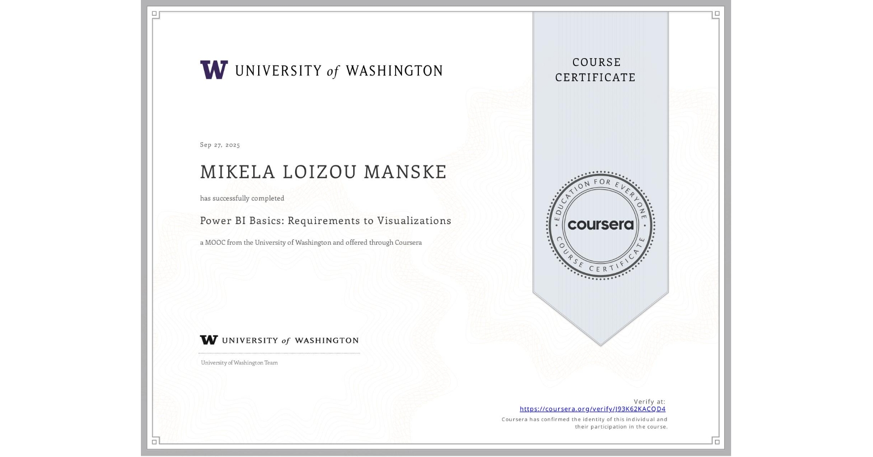 View certificate for MIKELA LOIZOU MANSKE, Power BI Basics: Requirements to Visualizations , an online non-credit course authorized by University of Washington and offered through Coursera