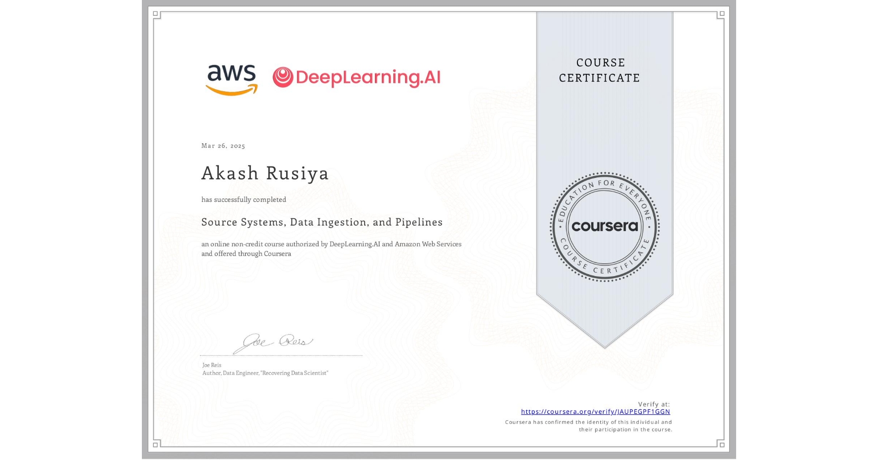 View certificate for Akash Rusiya, Source Systems, Data Ingestion, and Pipelines, an online non-credit course authorized by DeepLearning.AI & Amazon Web Services and offered through Coursera