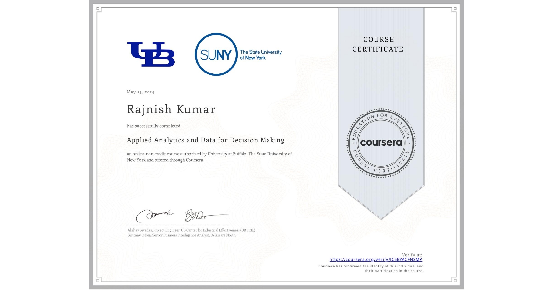 View certificate for Rajnish Kumar, Applied Analytics and Data for Decision Making, an online non-credit course authorized by University at Buffalo & The State University of New York and offered through Coursera