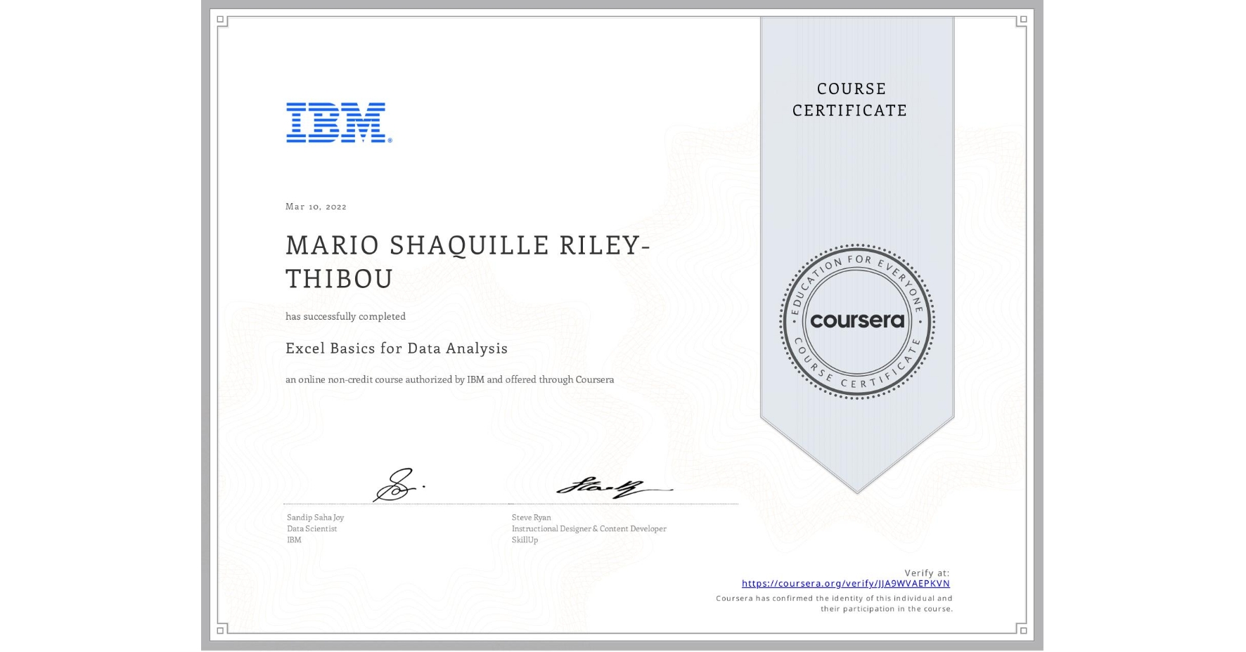 View certificate for MARIO SHAQUILLE RILEY-THIBOU, Excel Basics for Data Analysis, an online non-credit course authorized by IBM and offered through Coursera