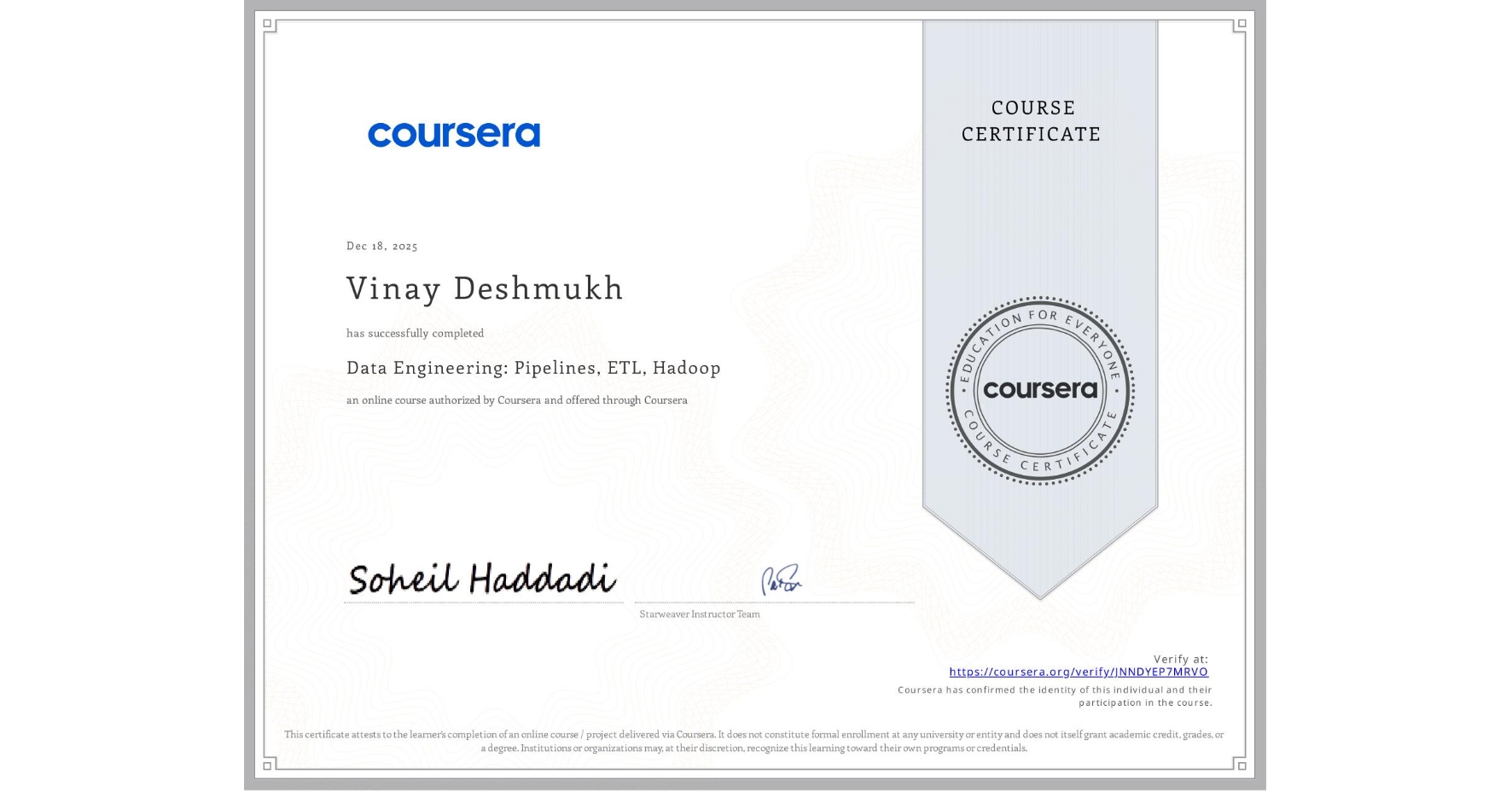 View certificate for Vinay Deshmukh, Data Engineering: Pipelines, ETL, Hadoop, an online non-credit course authorized by Coursera and offered through Coursera