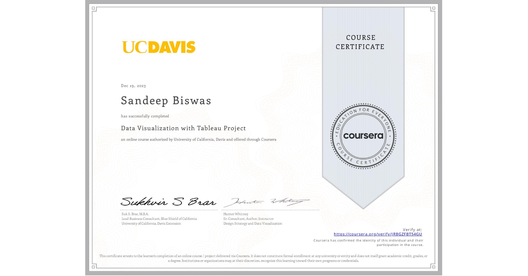 View certificate for Sandeep Biswas, Data Visualization with Tableau Project, an online non-credit course authorized by University of California, Davis and offered through Coursera