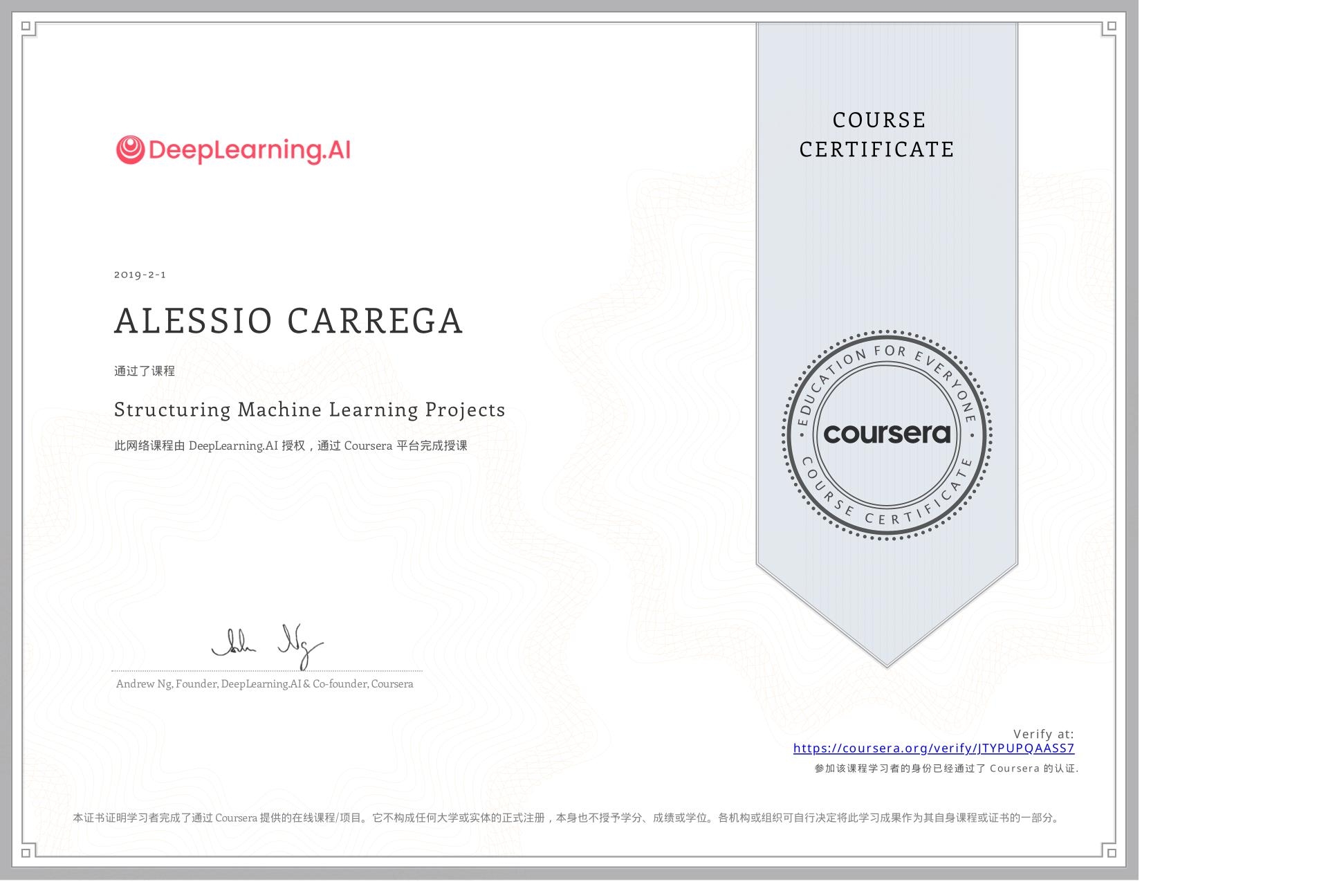 View certificate for ALESSIO CARREGA, Structuring Machine Learning Projects, an online non-credit course authorized by DeepLearning.AI and offered through Coursera