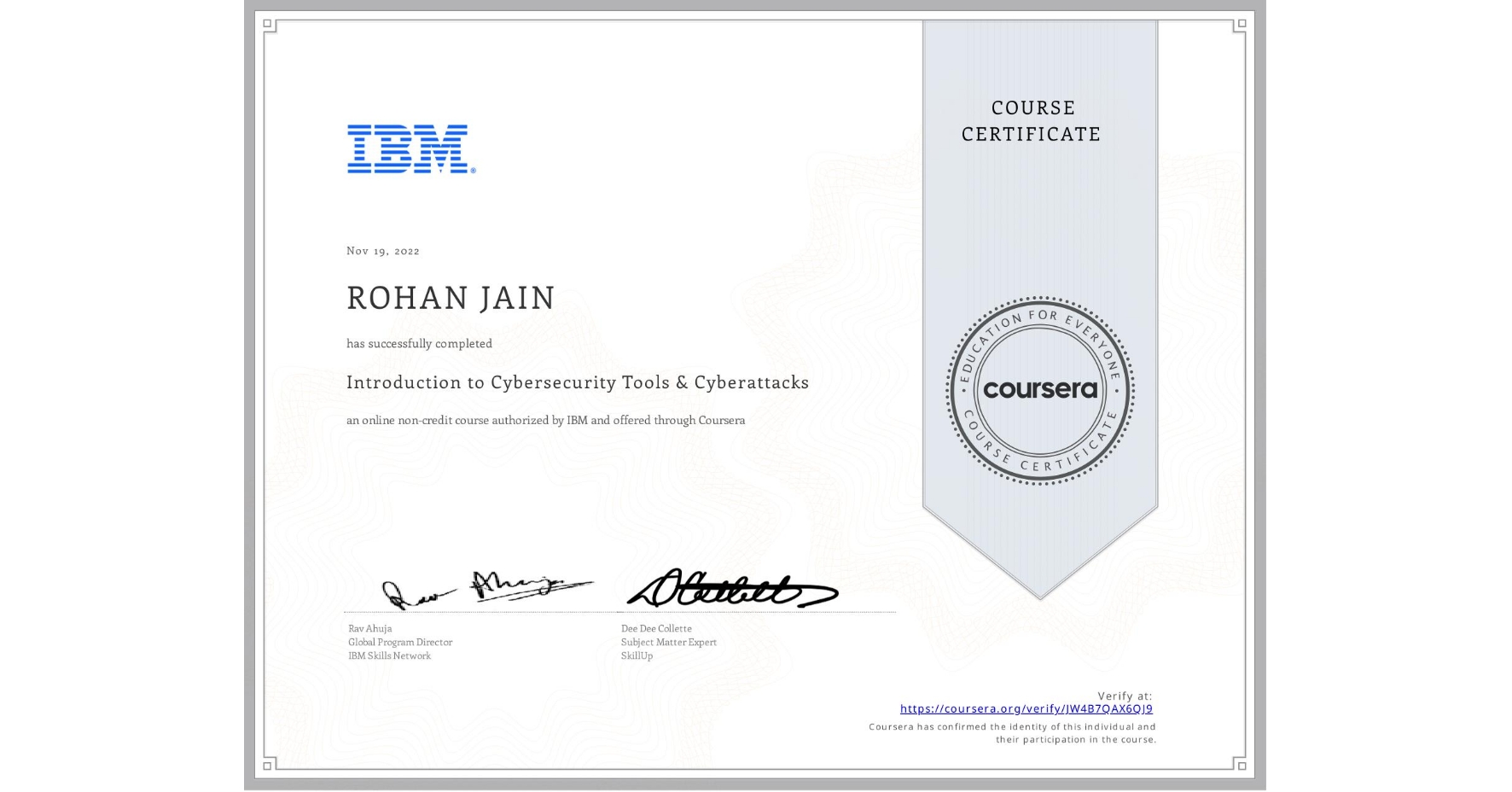 View certificate for ROHAN JAIN, Introduction to Cybersecurity Tools & Cyberattacks, an online non-credit course authorized by IBM and offered through Coursera