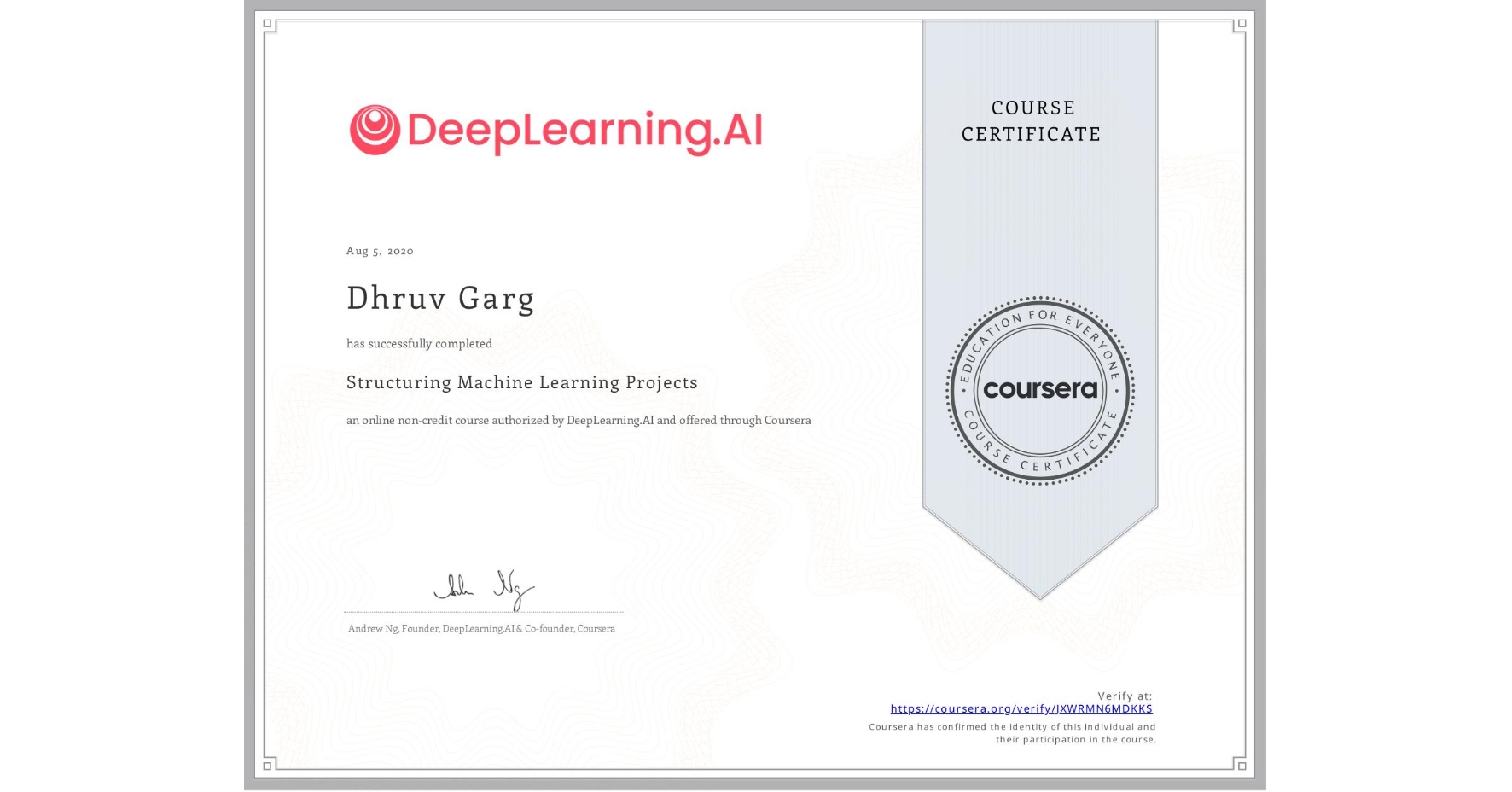 View certificate for Dhruv Garg, Structuring Machine Learning Projects, an online non-credit course authorized by DeepLearning.AI and offered through Coursera