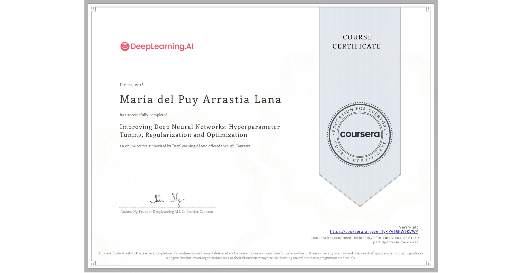 View certificate for Maria del Puy Arrastia Lana, Improving Deep Neural Networks: Hyperparameter Tuning, Regularization and Optimization, an online non-credit course authorized by DeepLearning.AI and offered through Coursera