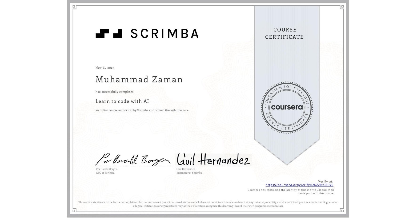 View certificate for Muhammad Zaman, Learn to code with AI, an online non-credit course authorized by Scrimba and offered through Coursera