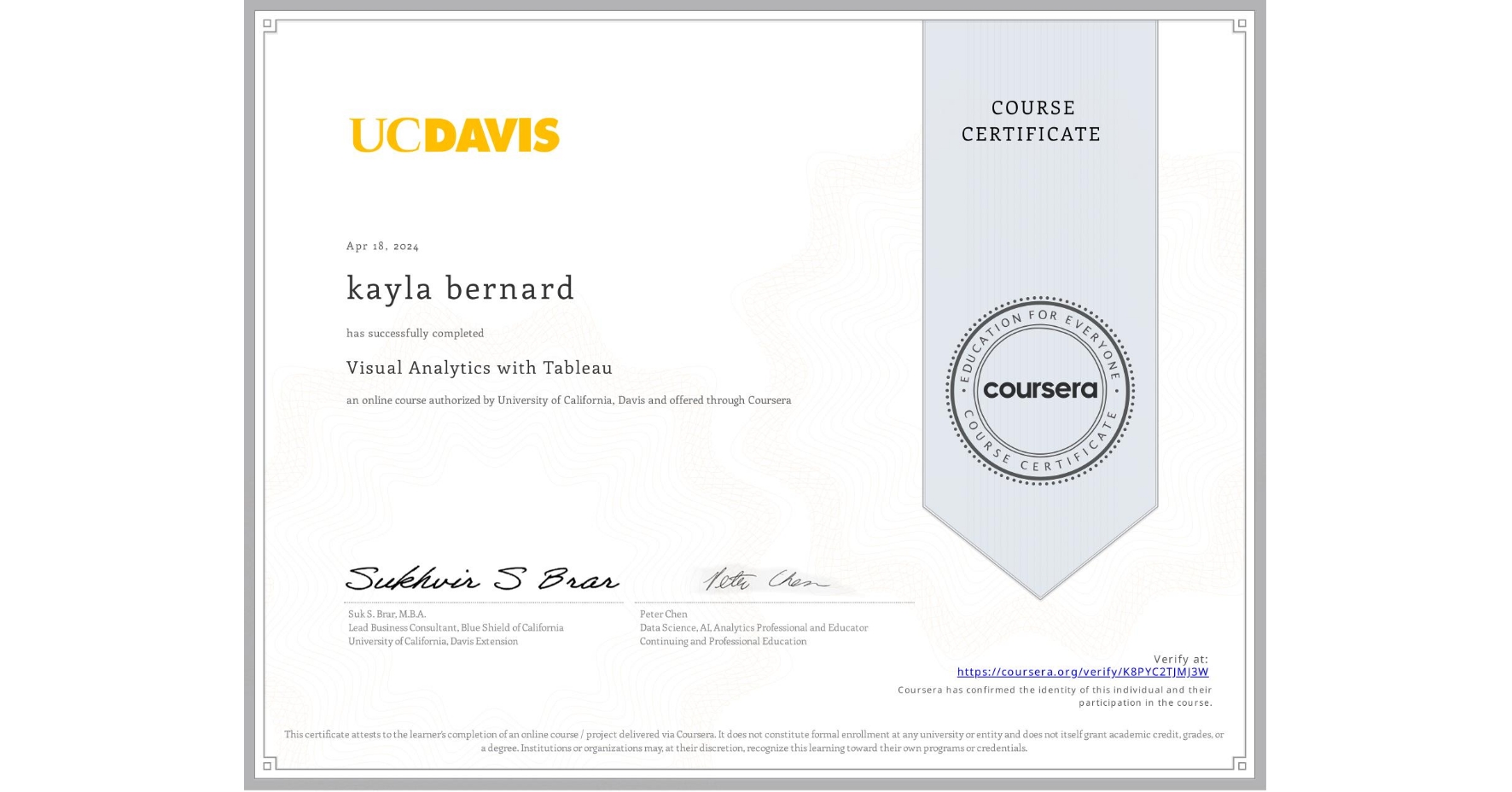 View certificate for kayla bernard, Visual Analytics with Tableau, an online non-credit course authorized by University of California, Davis and offered through Coursera