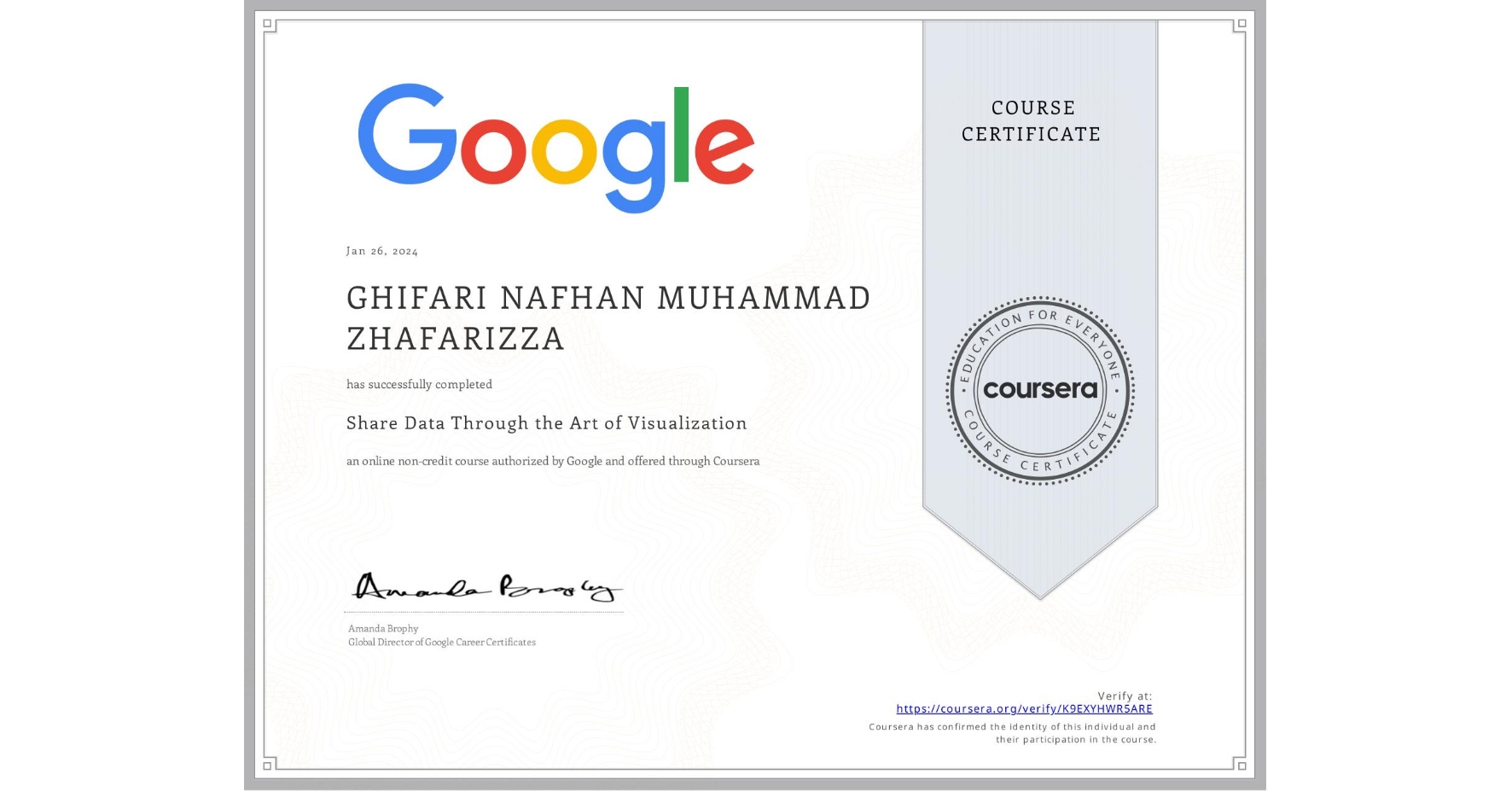 View certificate for GHIFARI NAFHAN MUHAMMAD ZHAFARIZZA, Share Data Through the Art of Visualization, an online non-credit course authorized by Google and offered through Coursera