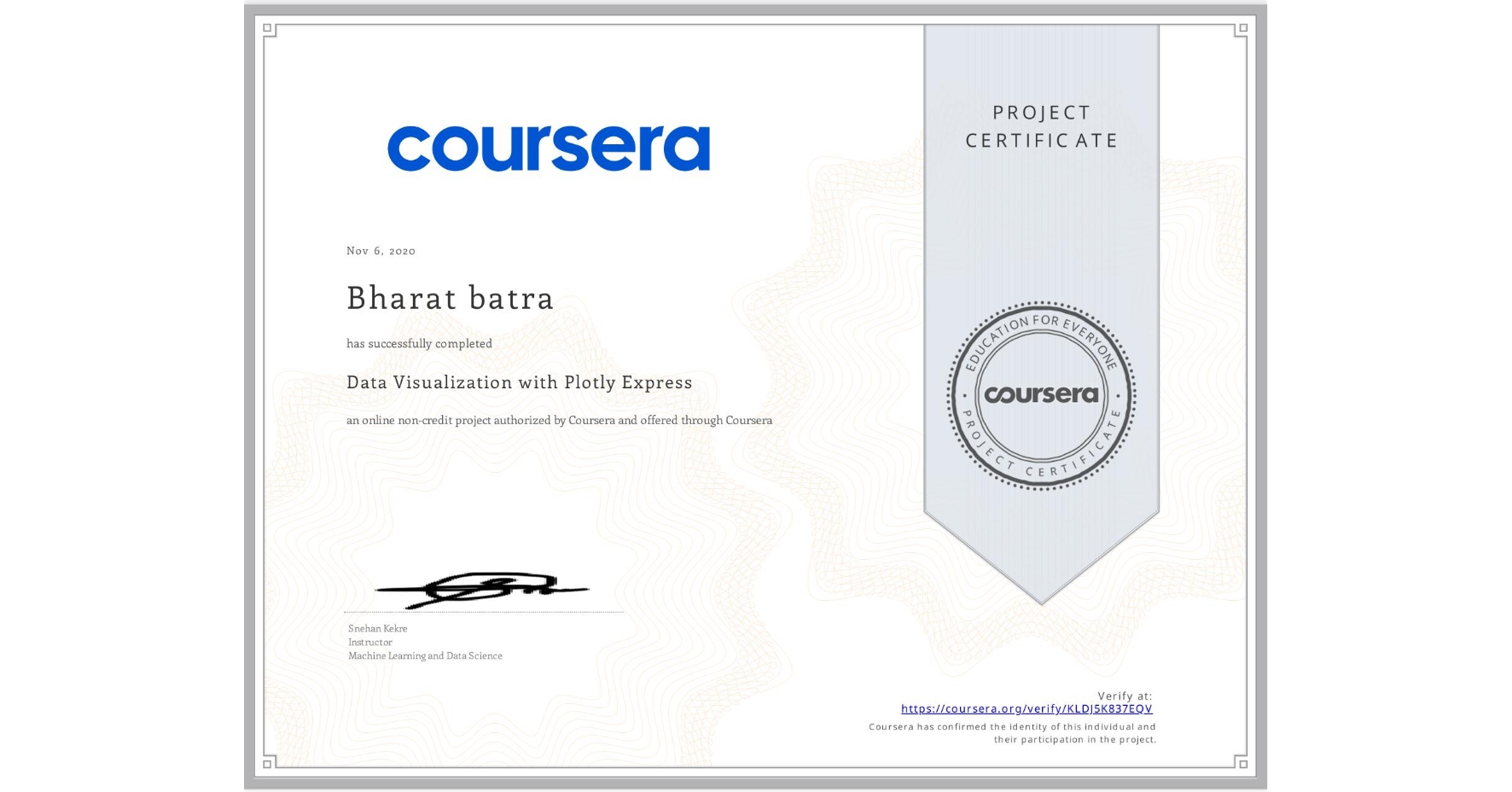 View certificate for Bharat batra, Data Visualization with Plotly Express, an online non-credit course authorized by Coursera and offered through Coursera