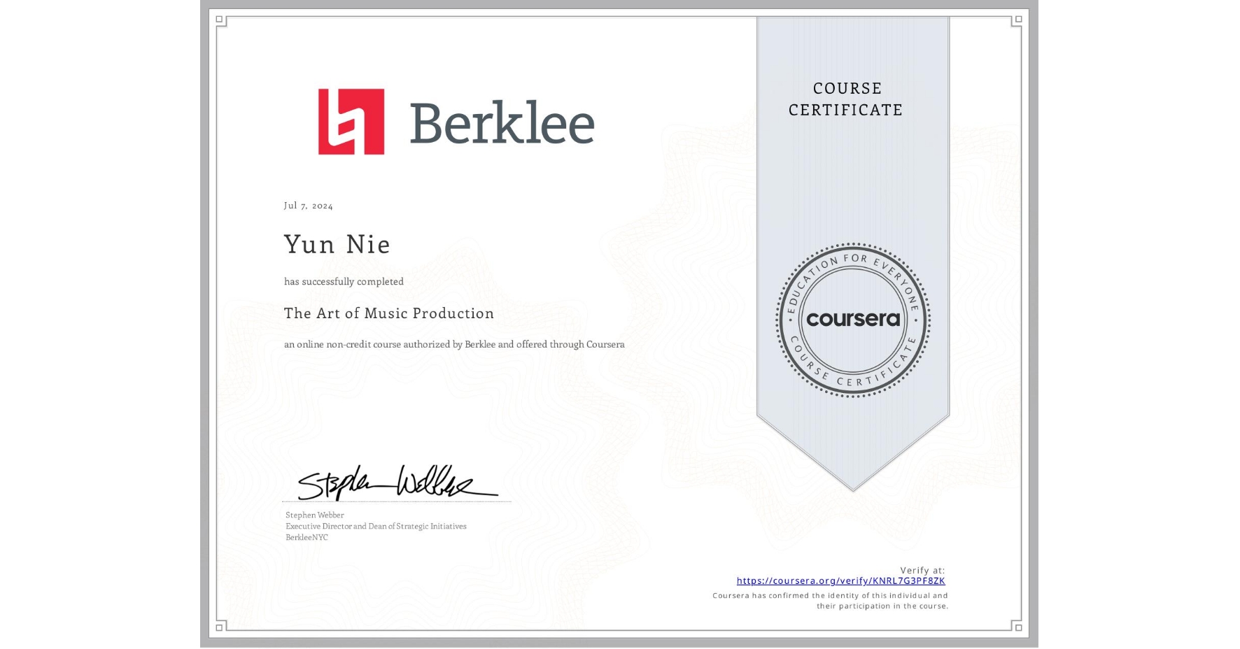 View certificate for Yun Nie, The Art of Music Production, an online non-credit course authorized by Berklee and offered through Coursera