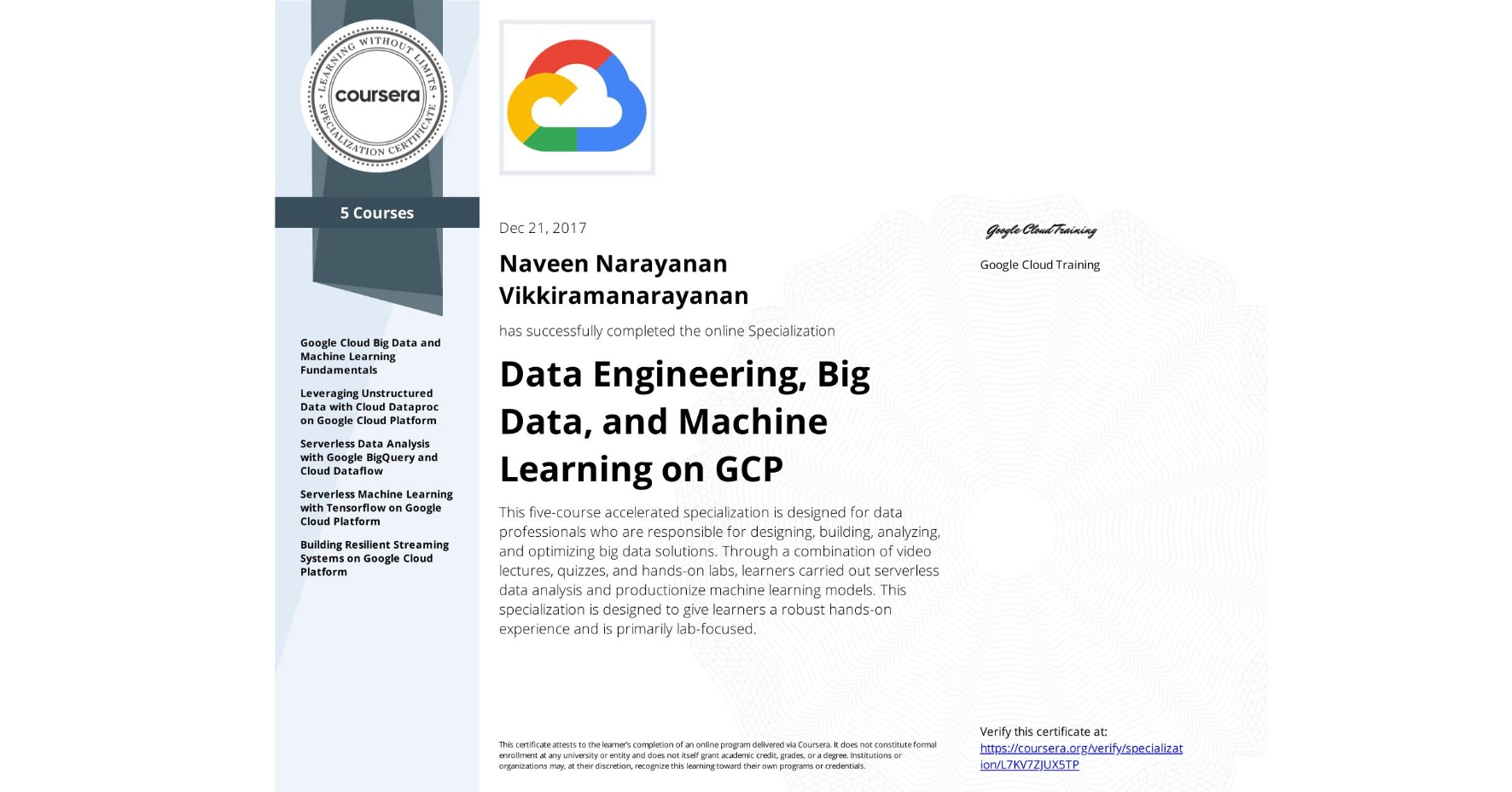 View certificate for Naveen Narayanan  Vikkiramanarayanan, Data Engineering, Big Data, and Machine Learning on GCP, offered through Coursera. This five-course accelerated specialization is designed for data professionals who are responsible for designing, building, analyzing, and optimizing big data solutions. Through a combination of video lectures, quizzes, and hands-on labs, learners carried out serverless data analysis and productionize machine learning models. This specialization is designed to give learners a robust hands-on experience and is primarily lab-focused.