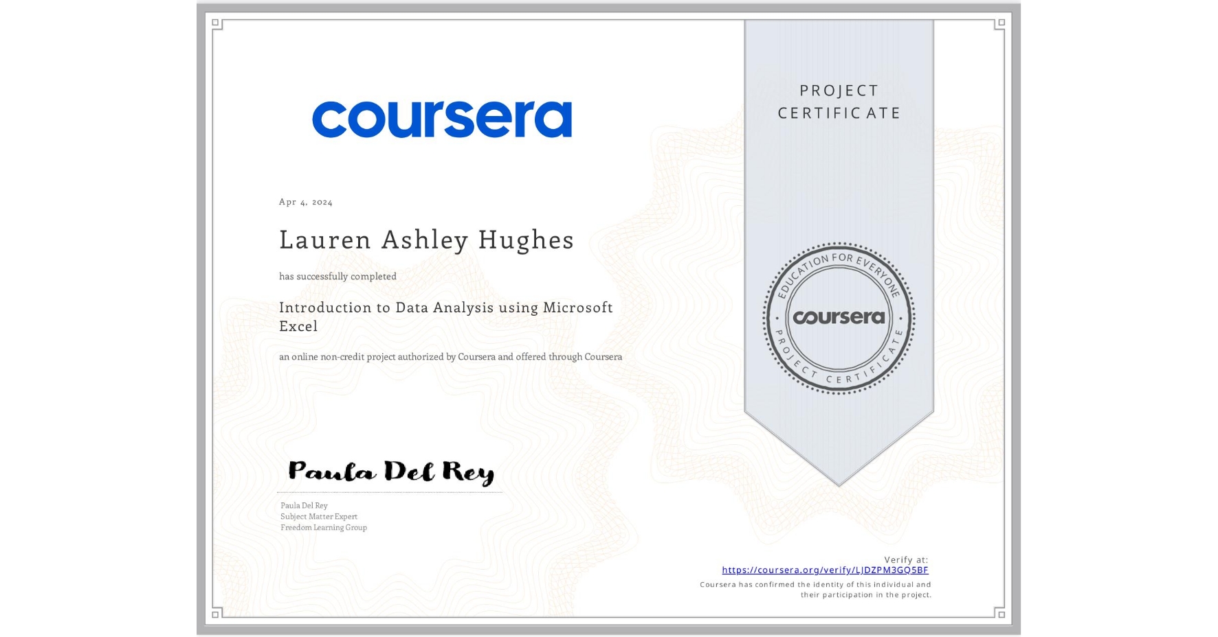 View certificate for Lauren Ashley Hughes , Introduction to Data Analysis using Microsoft Excel, an online non-credit course authorized by Coursera and offered through Coursera