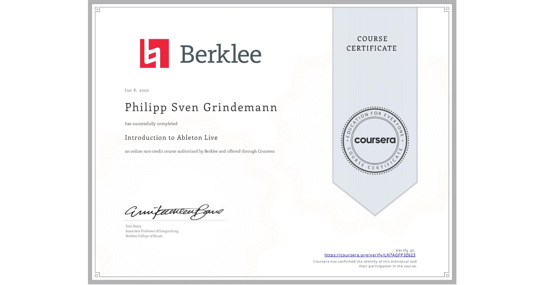 View certificate for Philipp Sven Grindemann, Introduction to Ableton Live, an online non-credit course authorized by Berklee and offered through Coursera