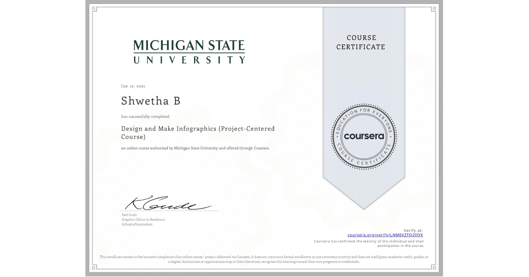 View certificate for Shwetha B, Design and Make Infographics (Project-Centered Course), an online non-credit course authorized by Michigan State University and offered through Coursera