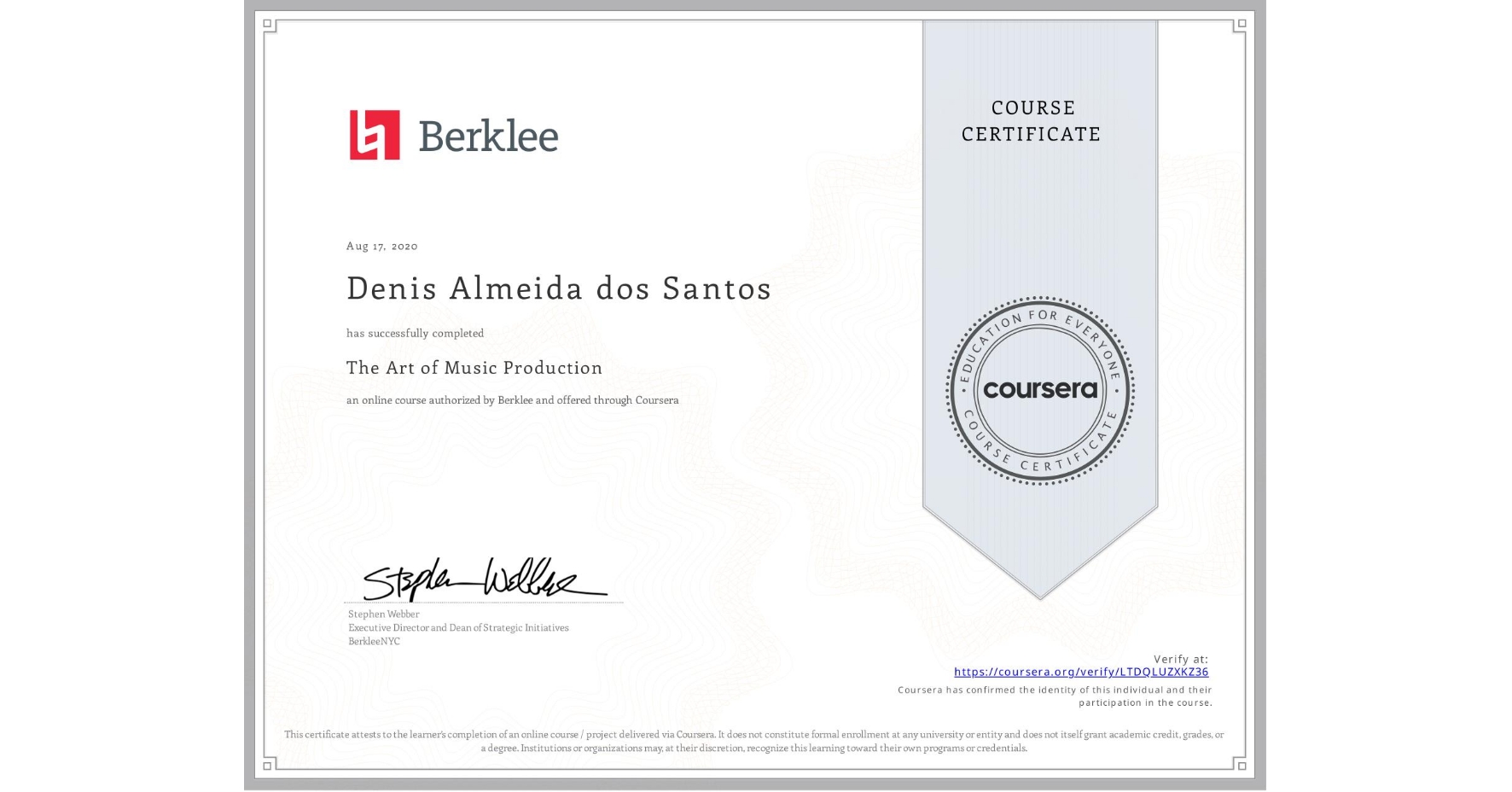 View certificate for Denis Almeida dos Santos, The Art of Music Production, an online non-credit course authorized by Berklee and offered through Coursera
