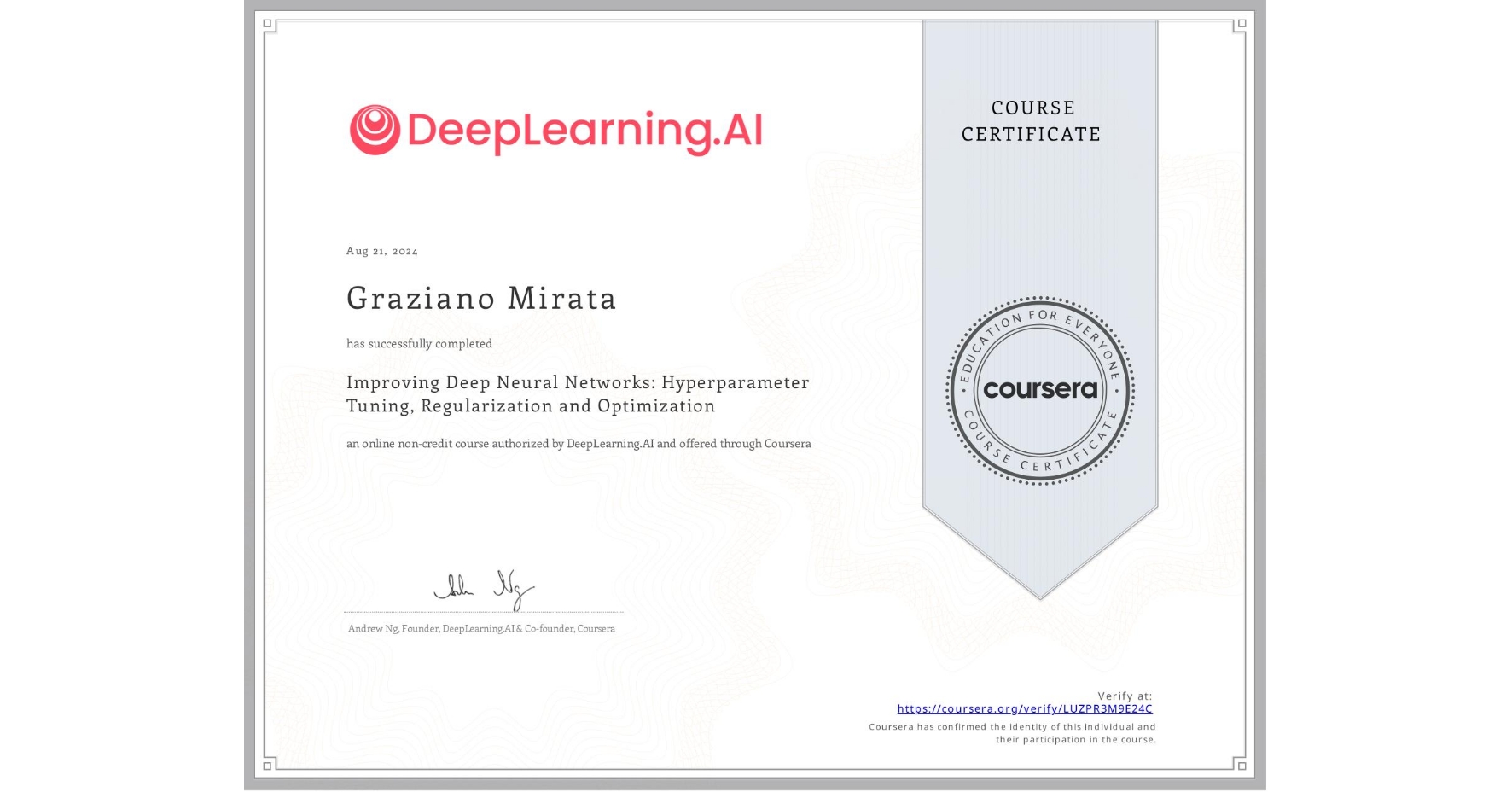 View certificate for Graziano Mirata, Improving Deep Neural Networks: Hyperparameter Tuning, Regularization and Optimization, an online non-credit course authorized by DeepLearning.AI and offered through Coursera