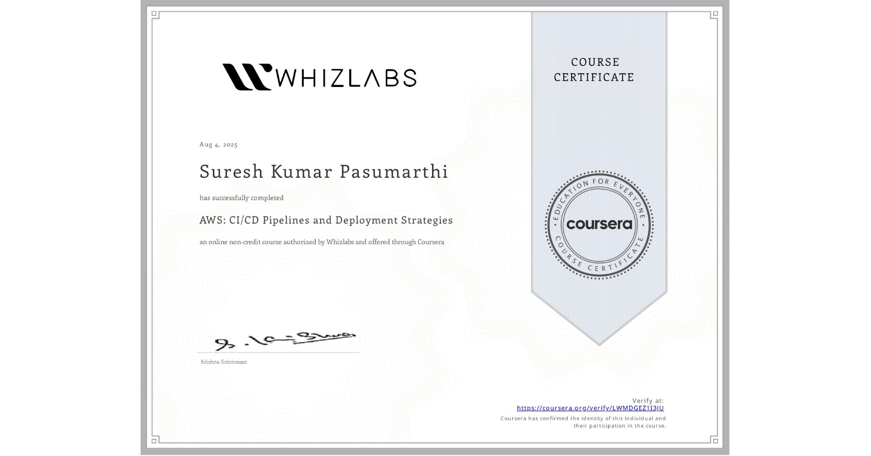 View certificate for Suresh Kumar  Pasumarthi, AWS: CI/CD Pipelines and Deployment Strategies, an online non-credit course authorized by Whizlabs and offered through Coursera
