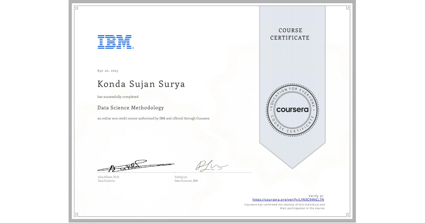 View certificate for Konda Sujan Surya, Data Science Methodology, an online non-credit course authorized by IBM and offered through Coursera
