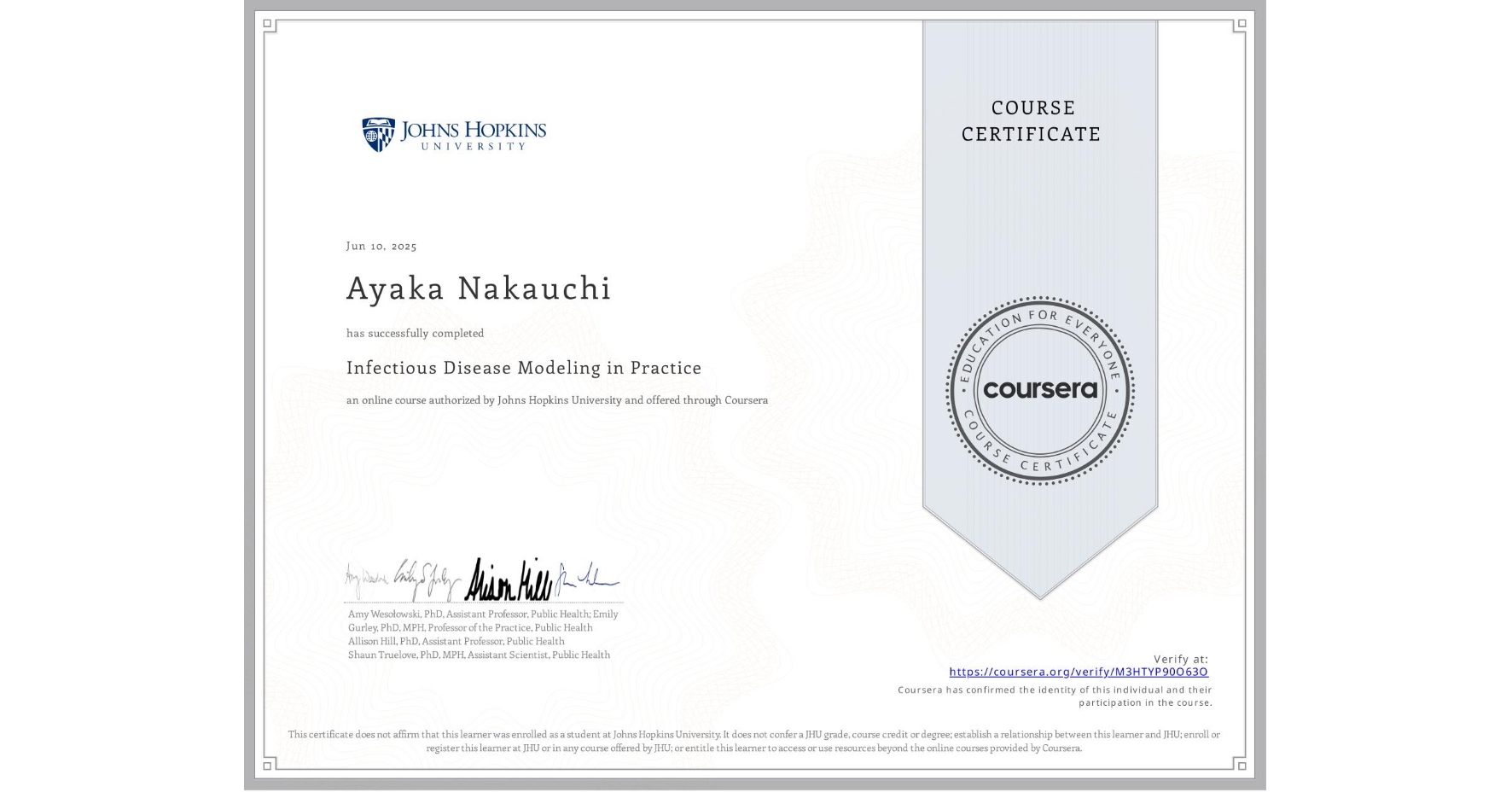 View certificate for Ayaka Nakauchi, Infectious Disease Modeling in Practice, an online non-credit course authorized by Johns Hopkins University and offered through Coursera